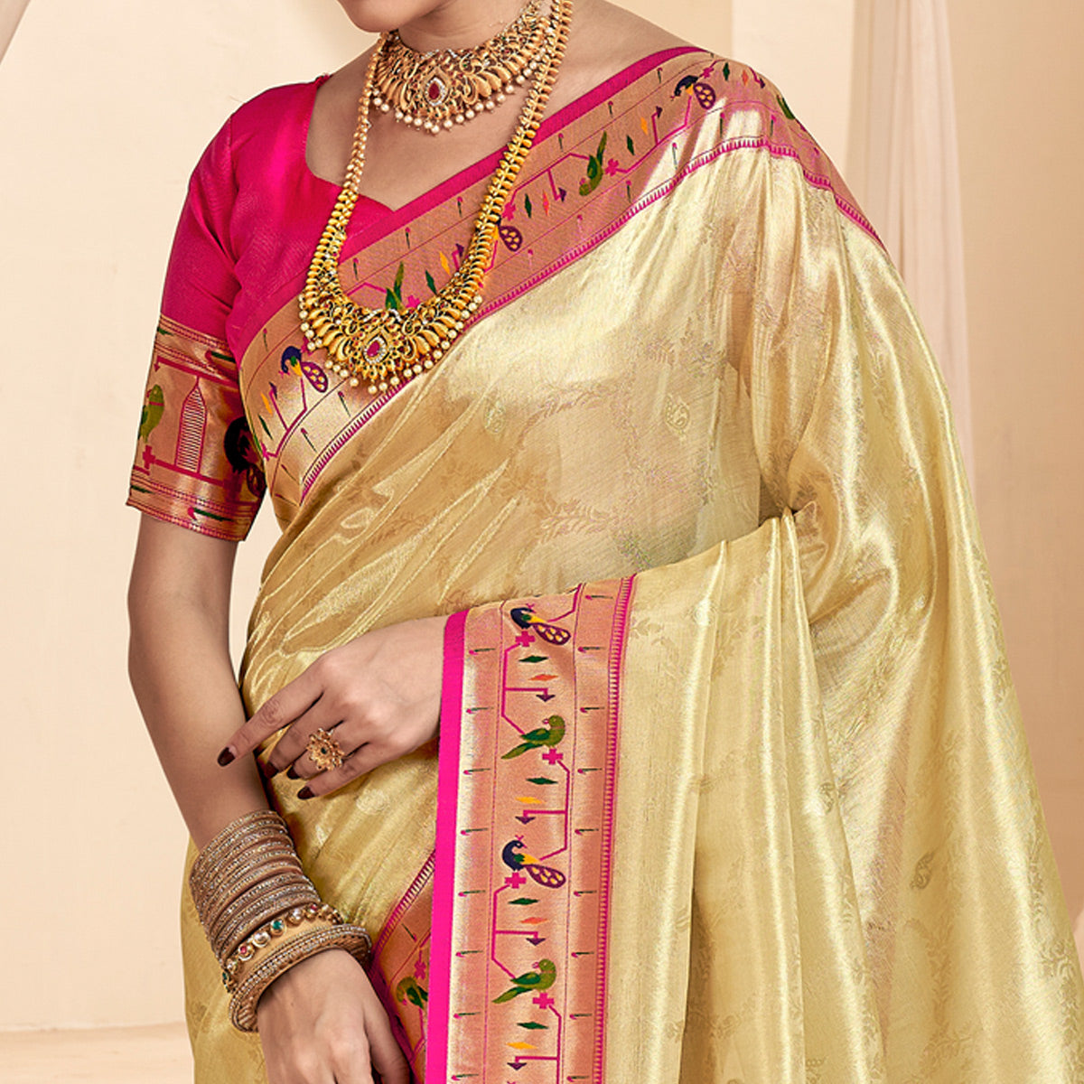 Beige Woven Tissue Paithani Saree With Tassels