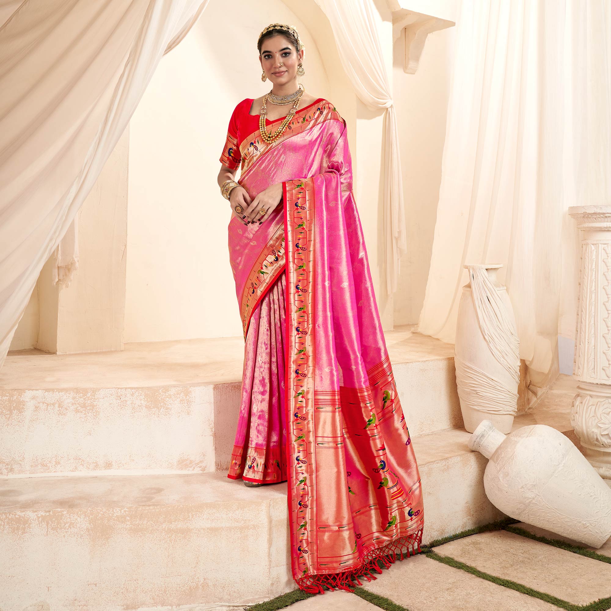 Pink Woven Tissue Paithani Saree With Tassels