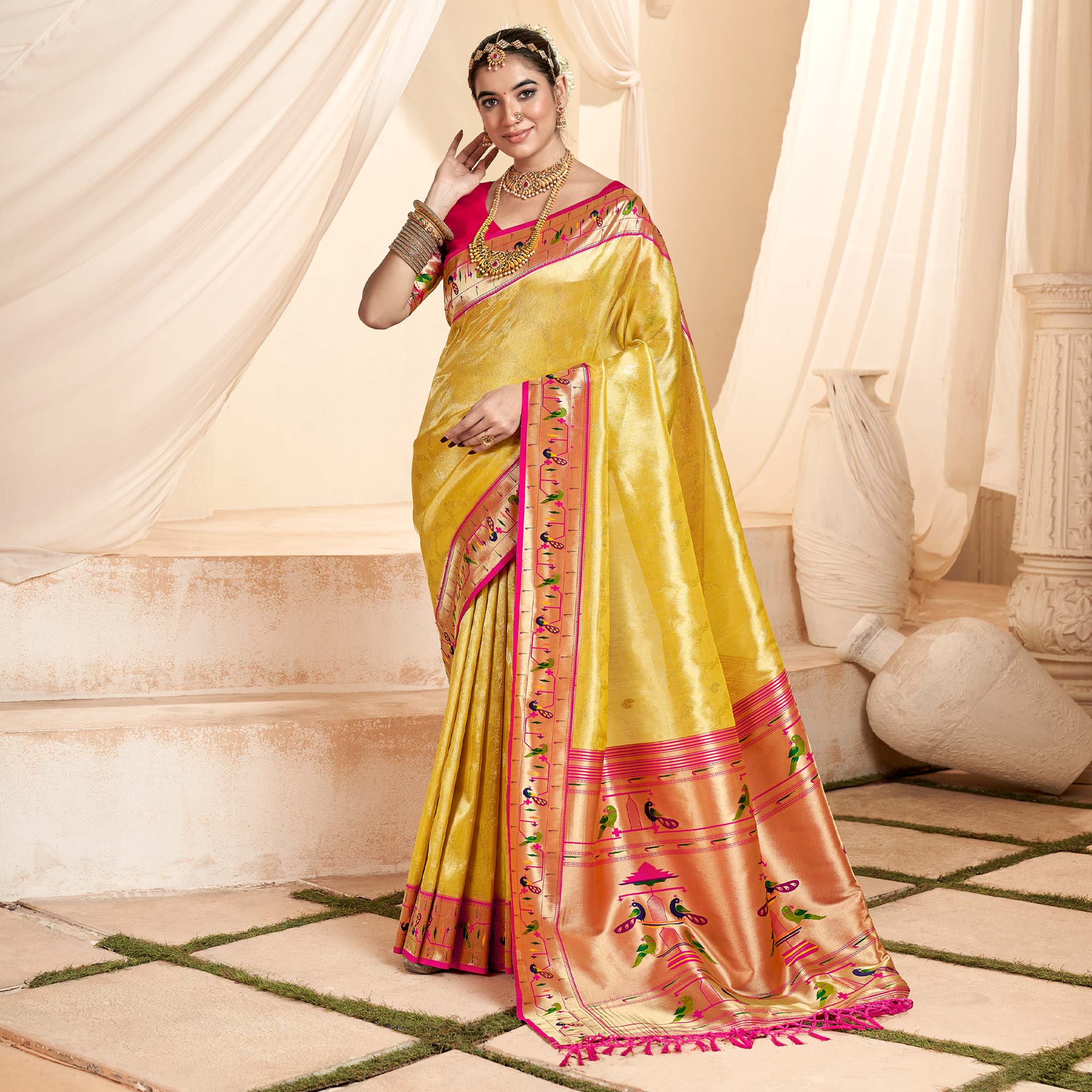 Yellow Woven Tissue Paithani Saree With Tassels