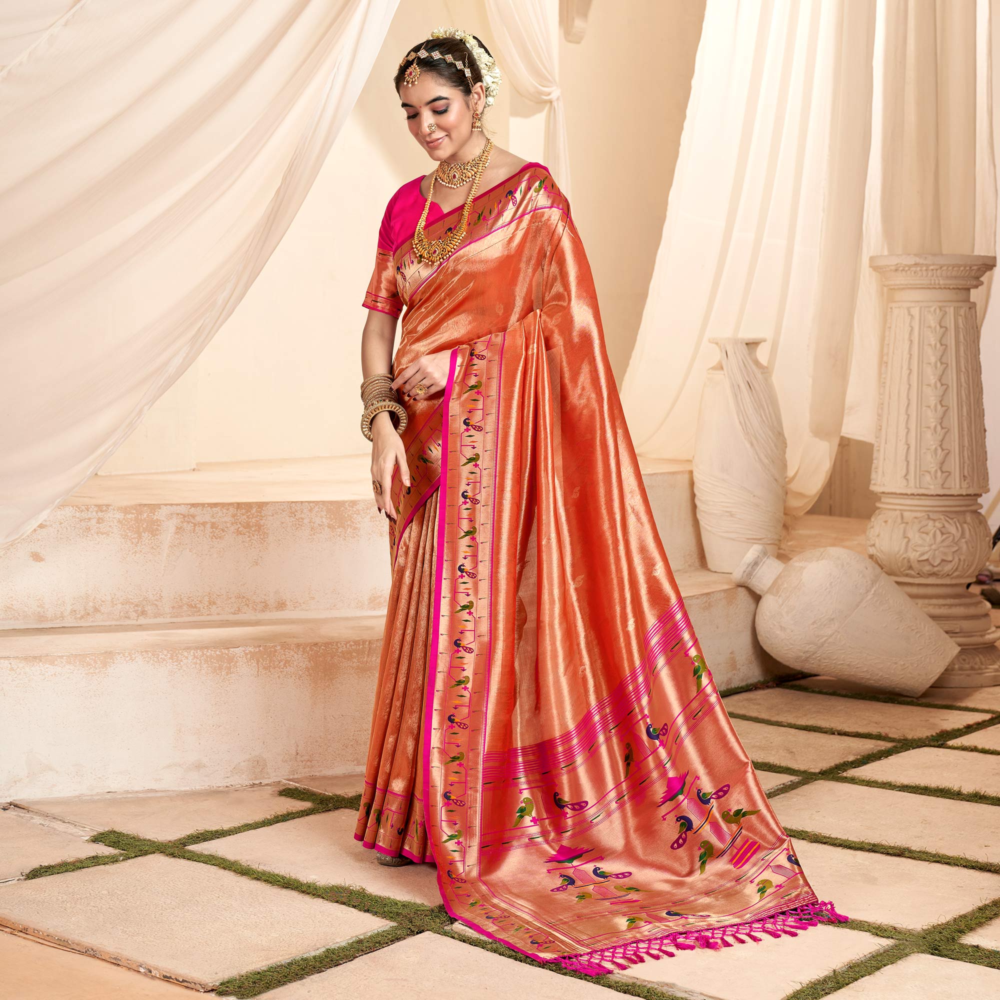 Orange Woven Tissue Paithani Saree With Tassels