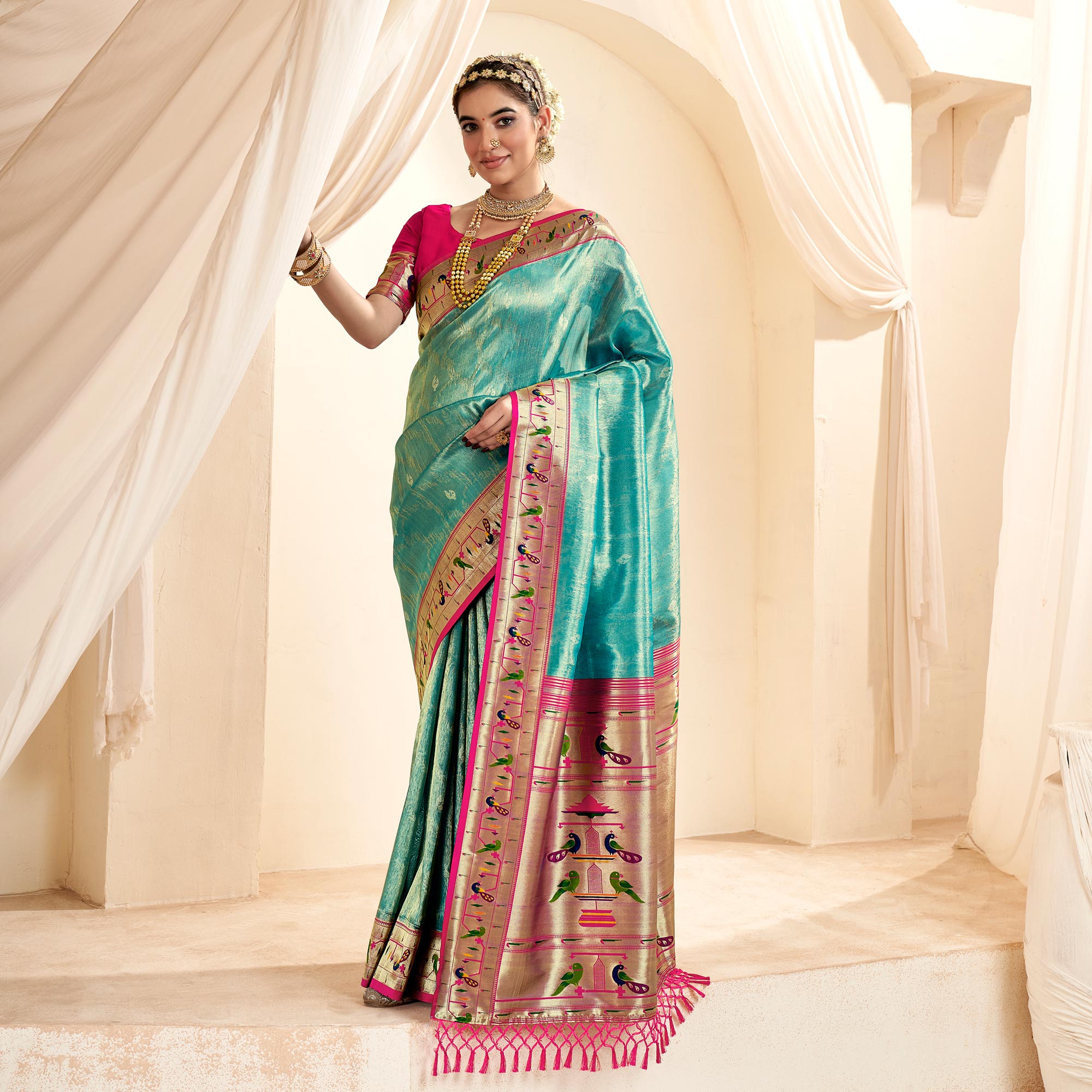 Turquoise Woven Tissue Paithani Saree With Tassels