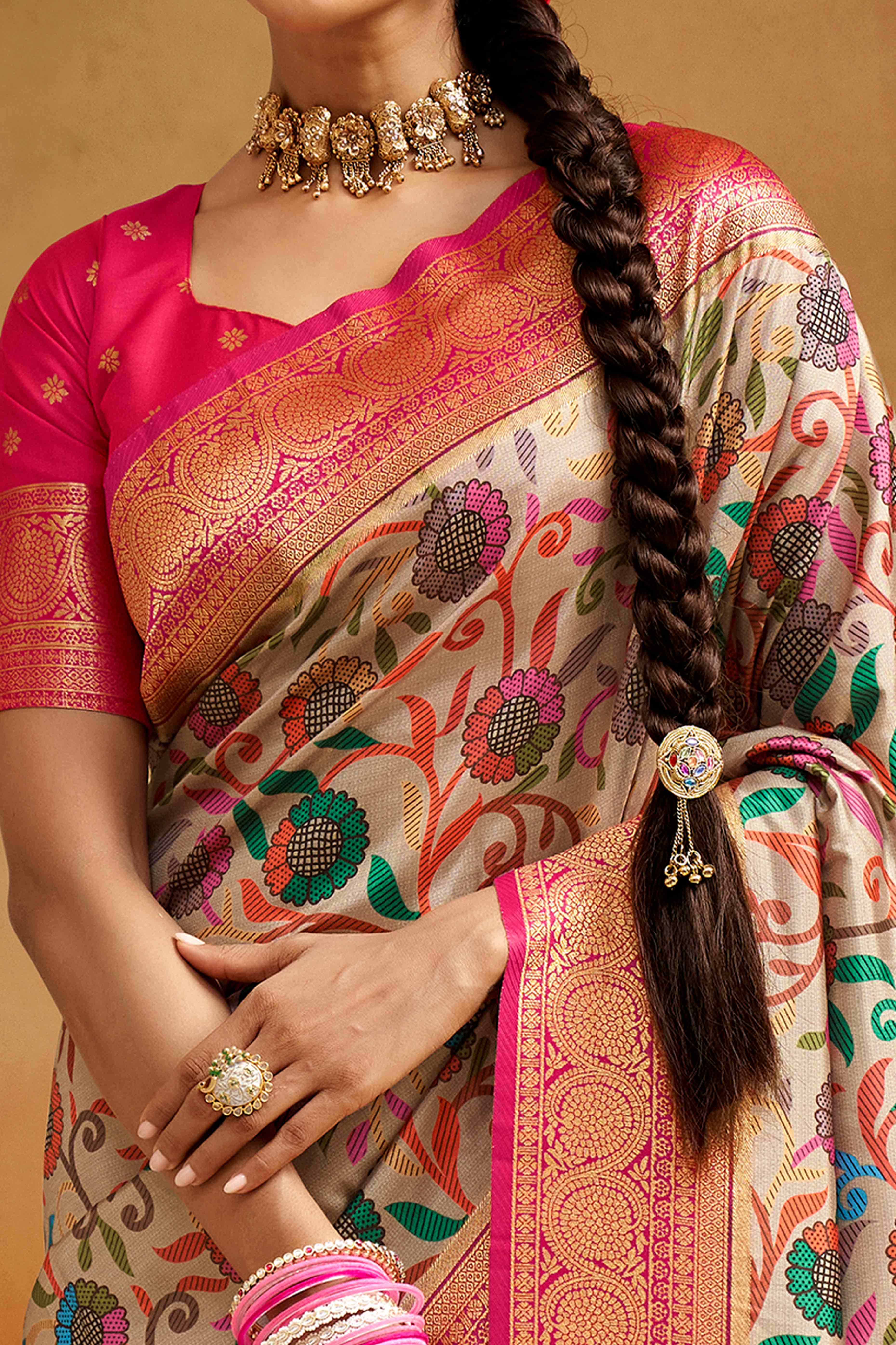 Beige Kalamkari Printed Tussar Silk Saree With Banarasi Border