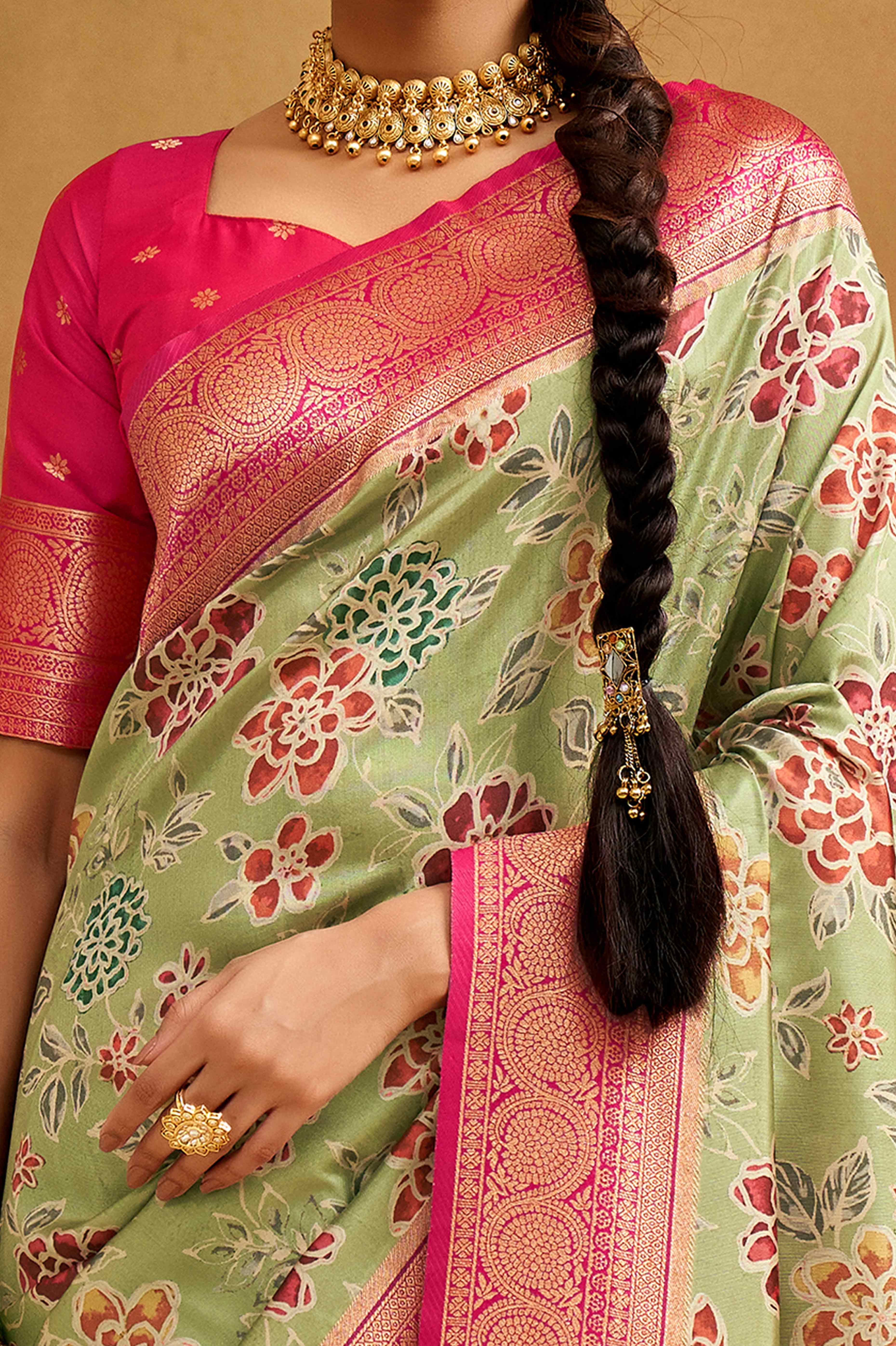 Pista Green Kalamkari Printed Tussar Silk Saree With Banarasi Border