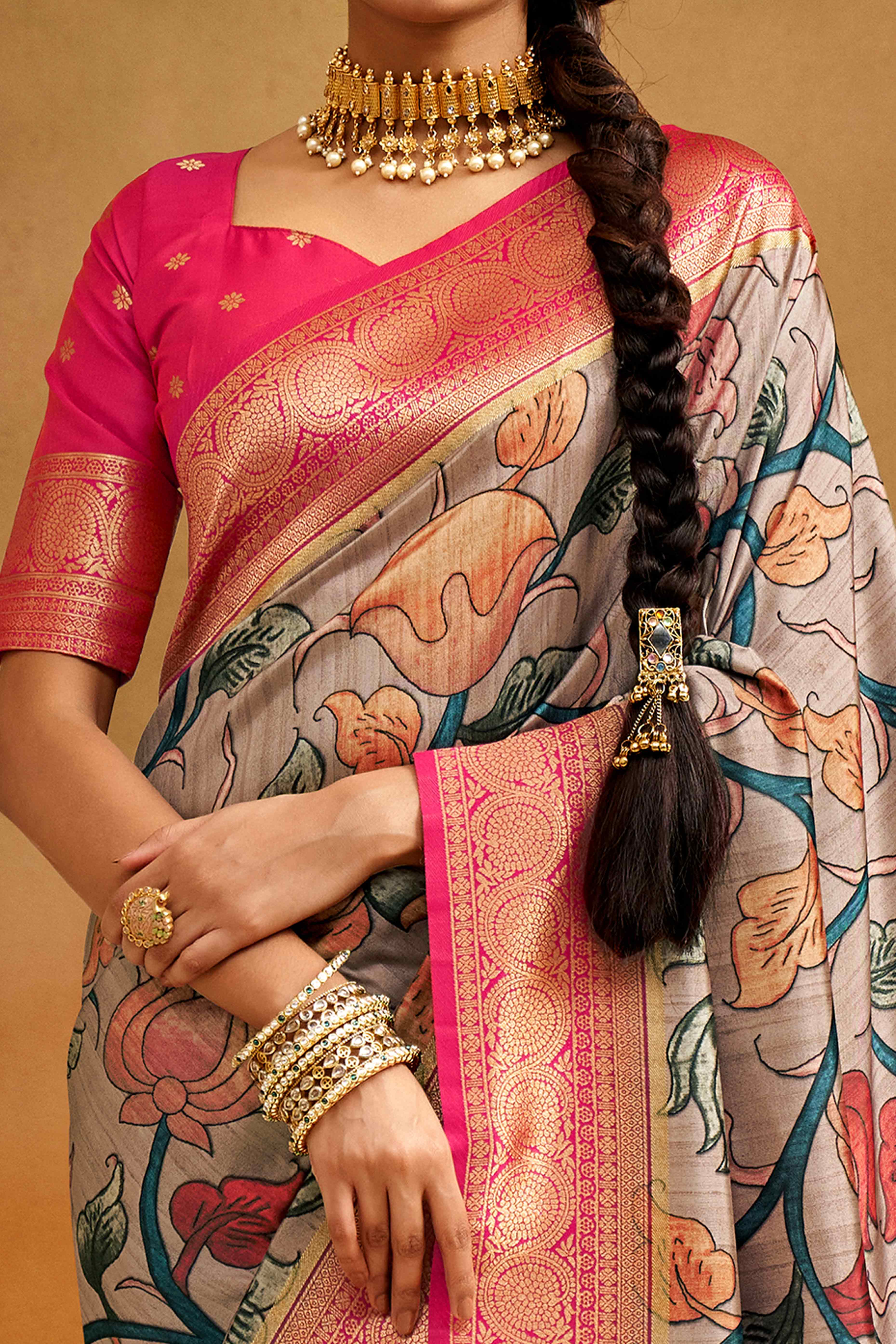 Light Mauve Kalamkari Printed Tussar Silk Saree With Banarasi Border