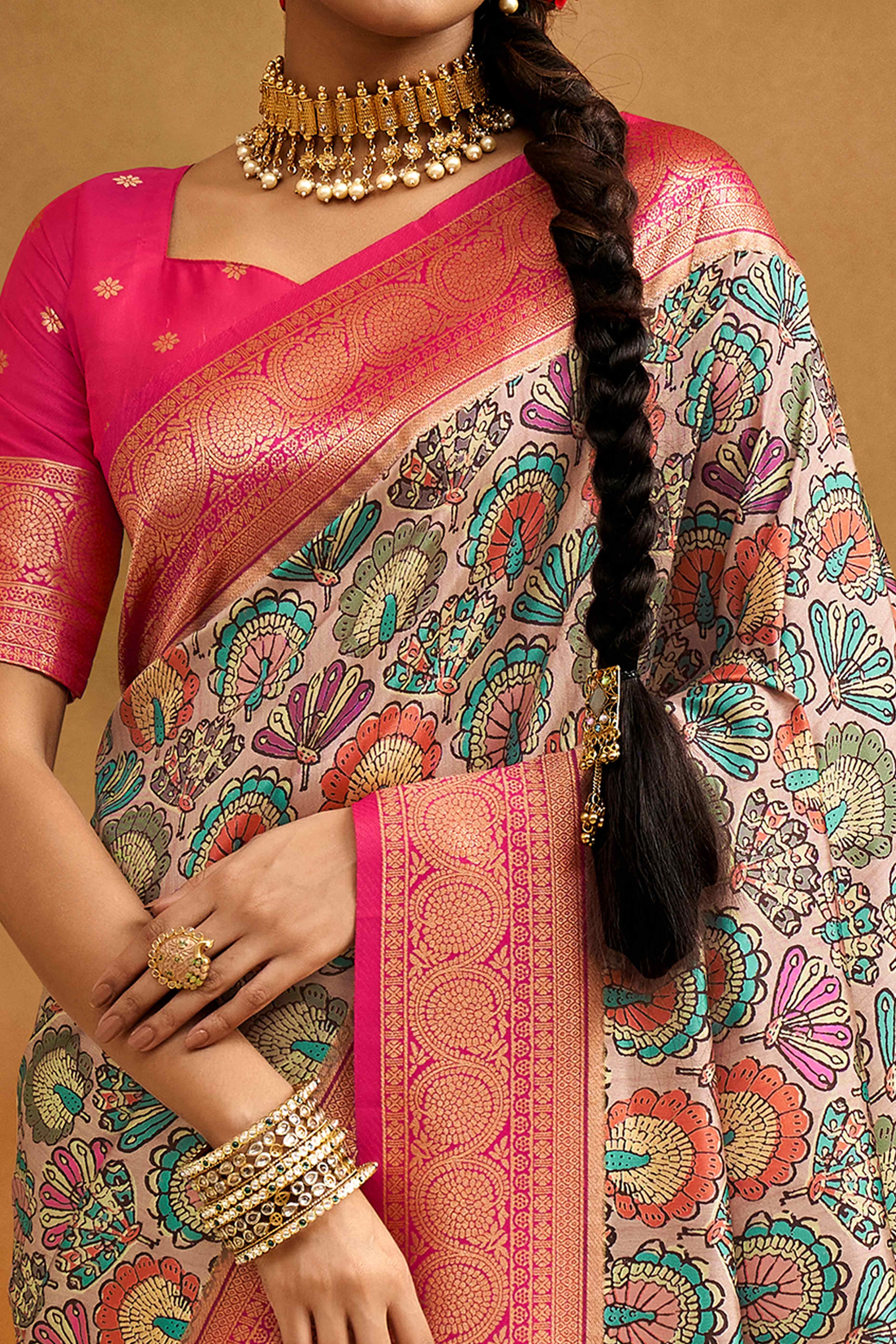Peach Kalamkari Printed Tussar Silk Saree With Banarasi Border