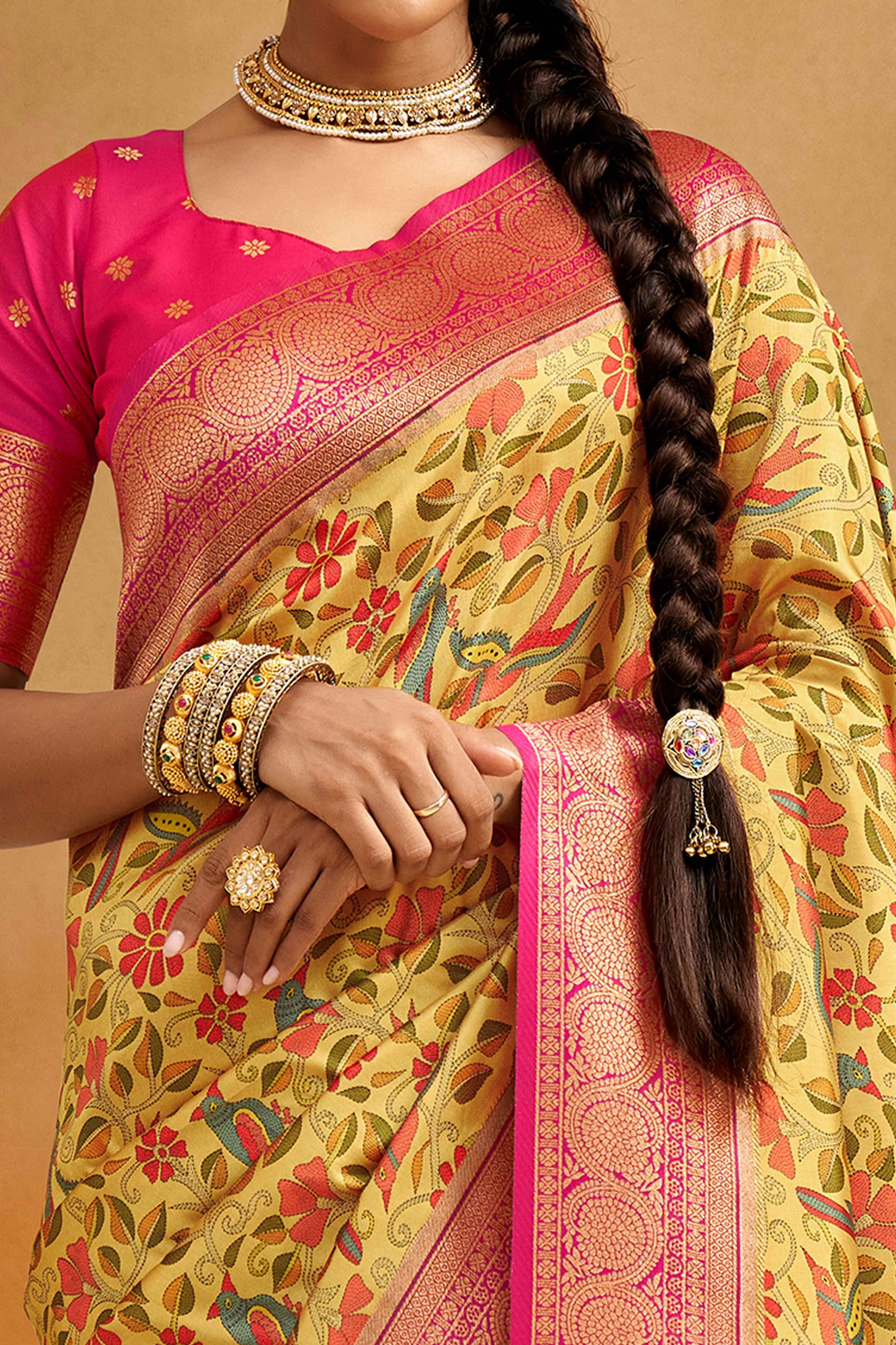 Yellow Kalamkari Printed Tussar Silk Saree With Banarasi Border
