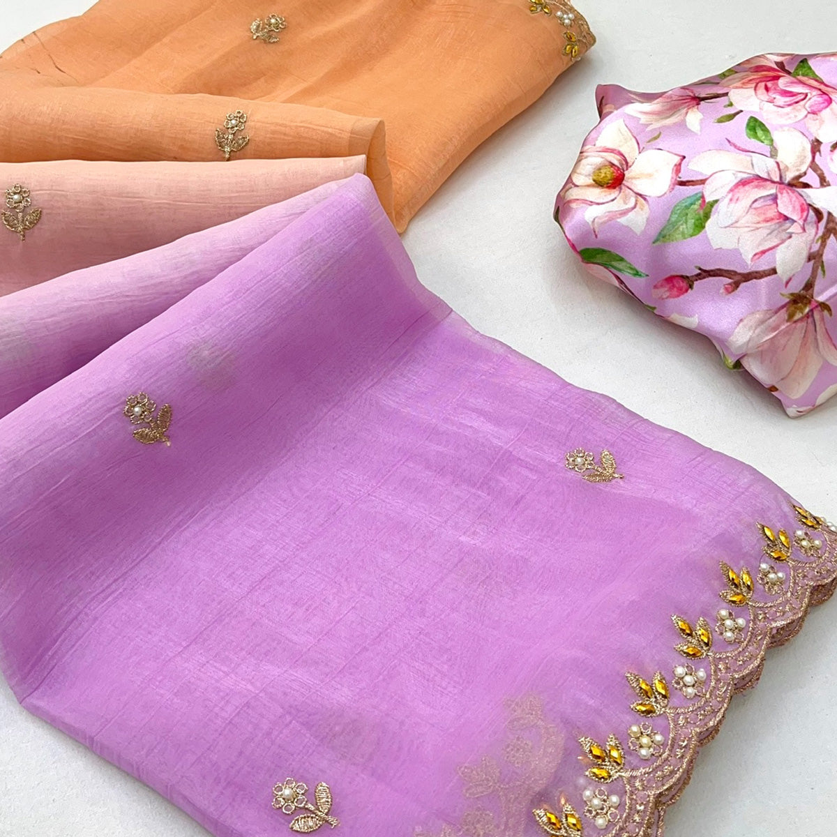 Ombre Orange & Purple Georgette Drape with Embroidered Florals