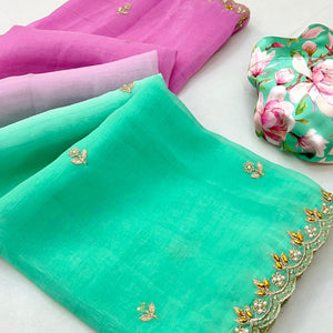 Ombre Pink & Turquoise Georgette Drape with Embroidered Florals
