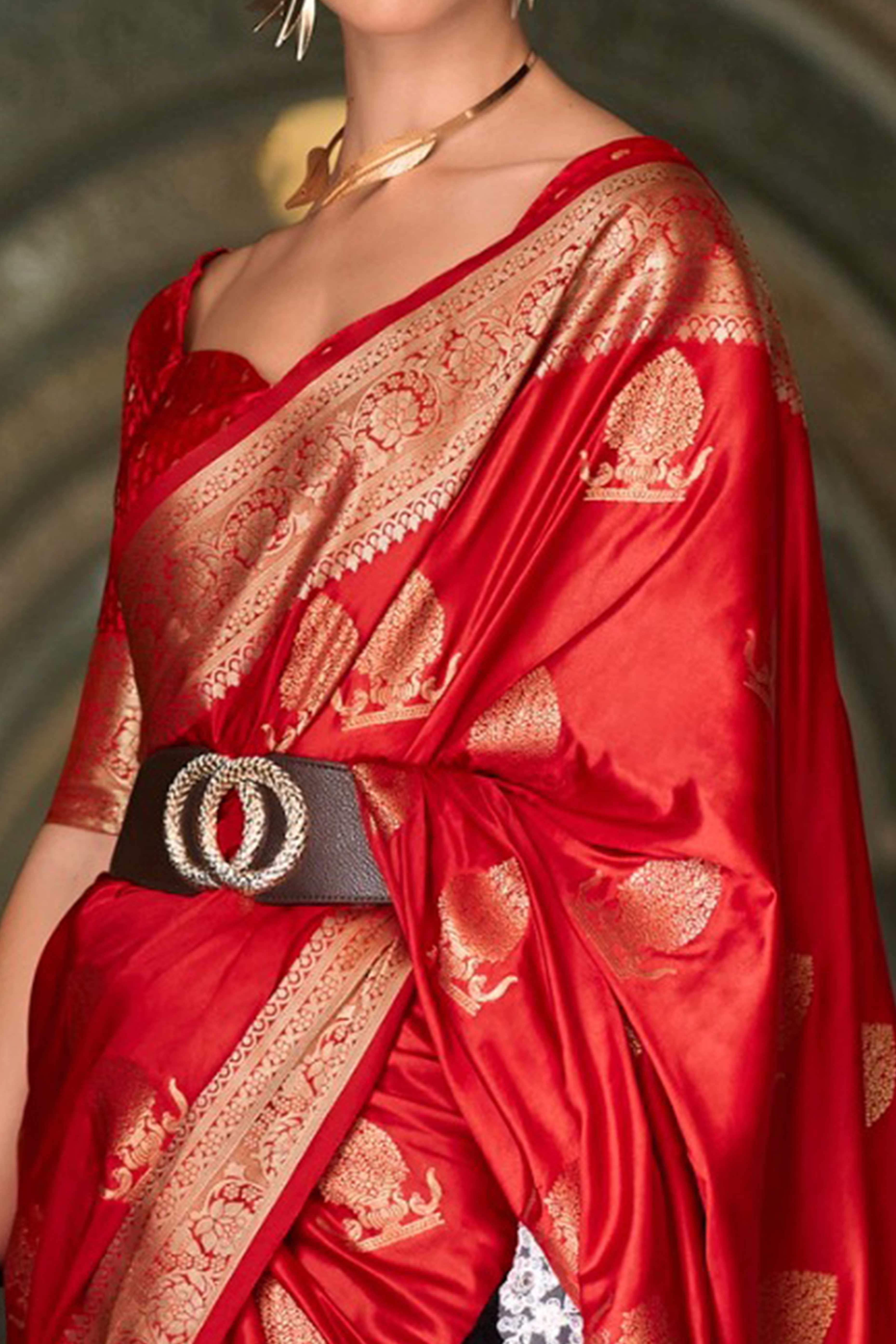 17Red Satin Saree with Floral Zari Weaving