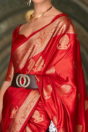 17Red Satin Saree with Floral Zari Weaving