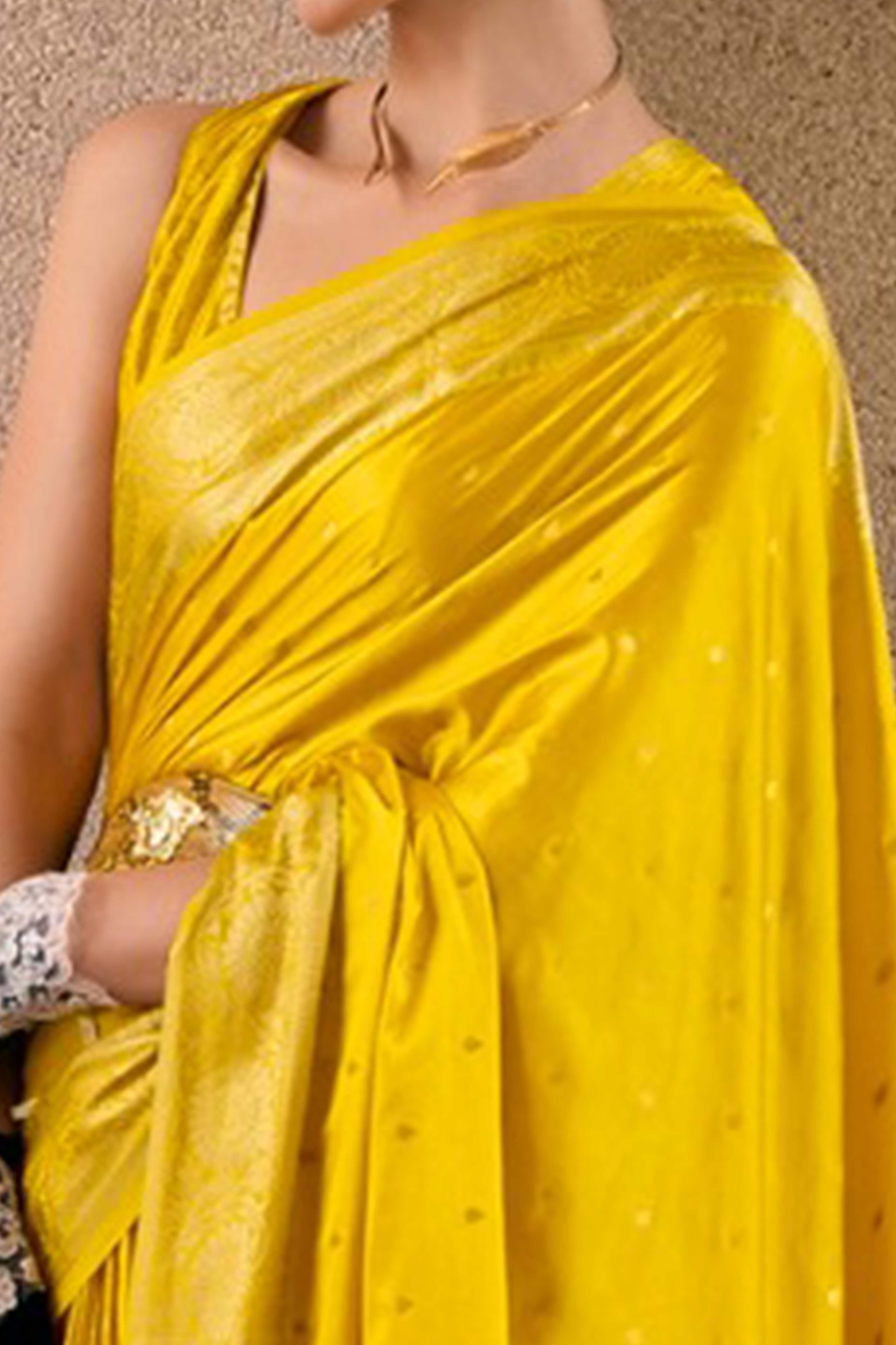 18Yellow Satin Saree with Floral Zari Weaving