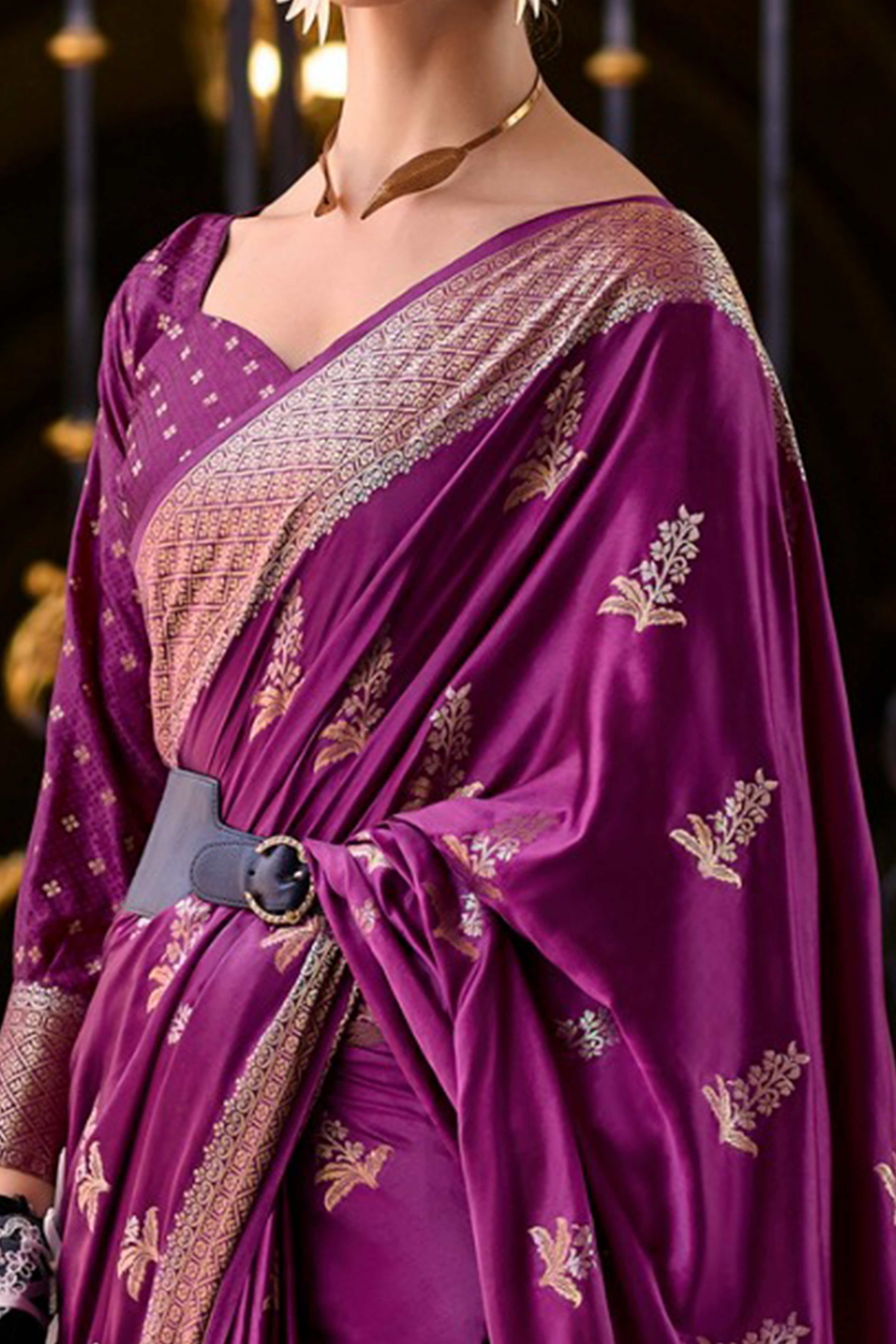 19Purple Satin Saree with Floral Zari Weaving
