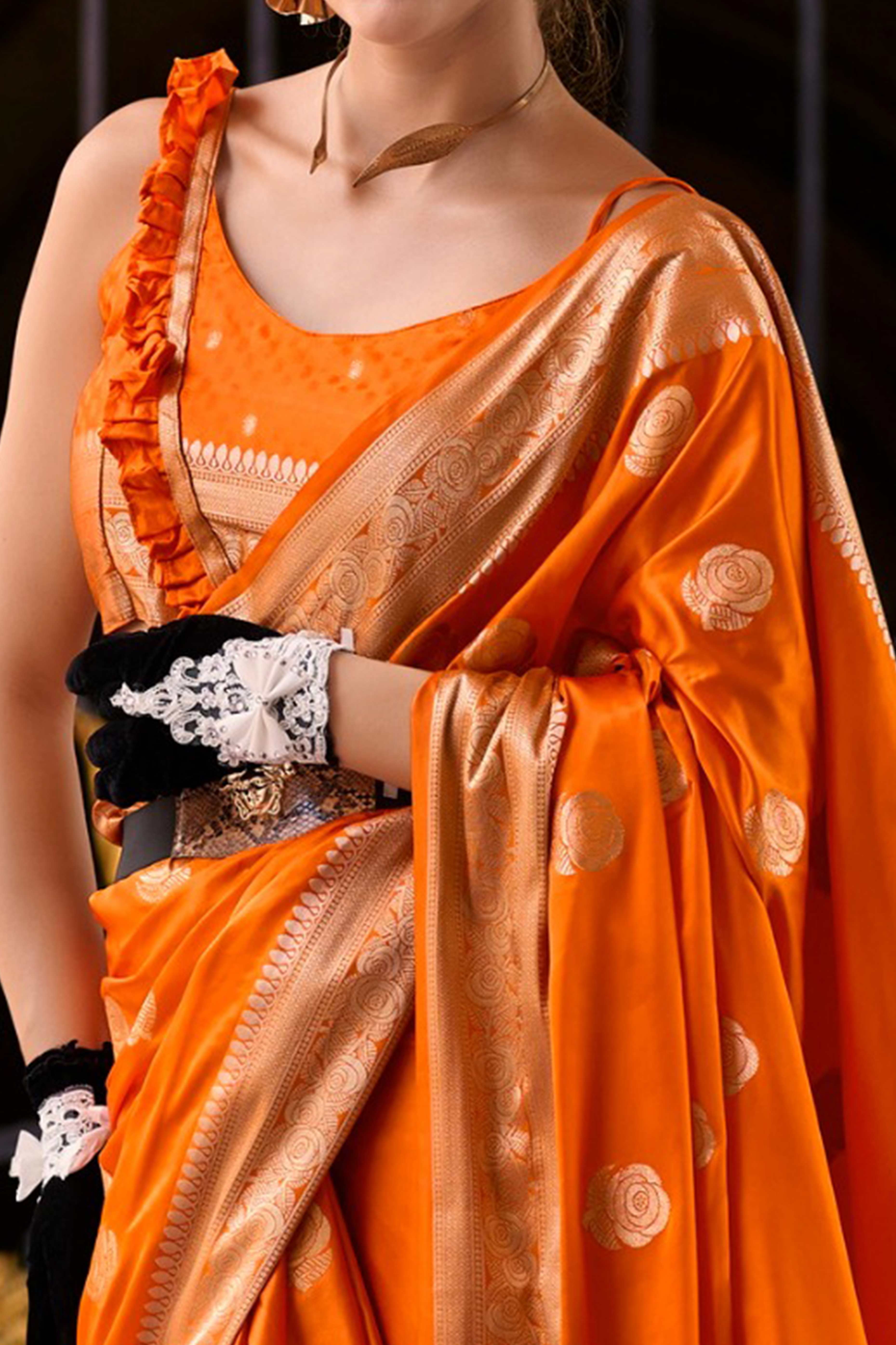 20Orange Satin Saree with Floral Zari Weaving