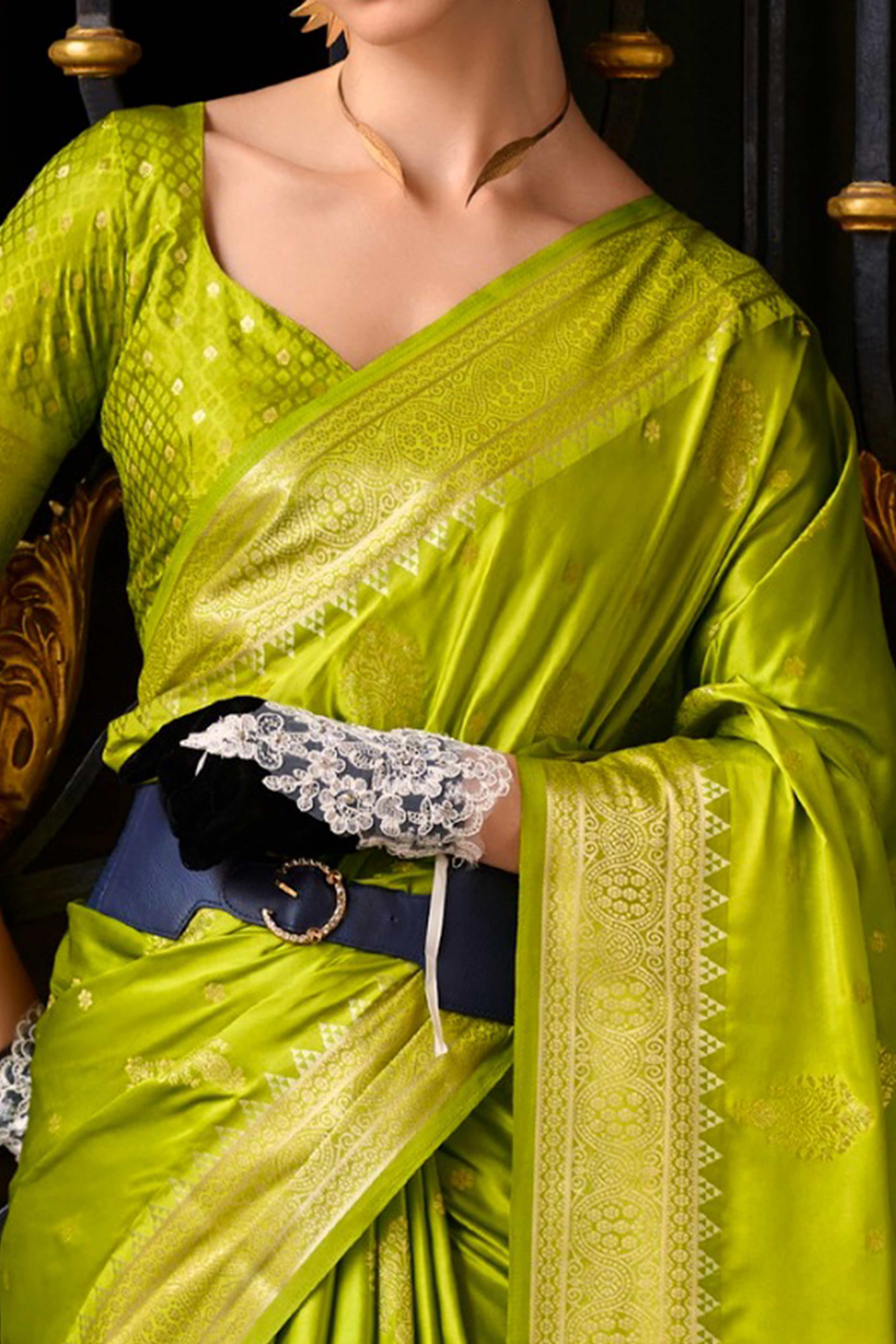 21Green Satin Saree with Floral Zari Weaving