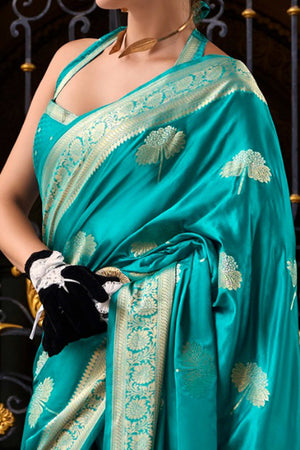 22Rama Blue Satin Saree with Floral Zari Weaving