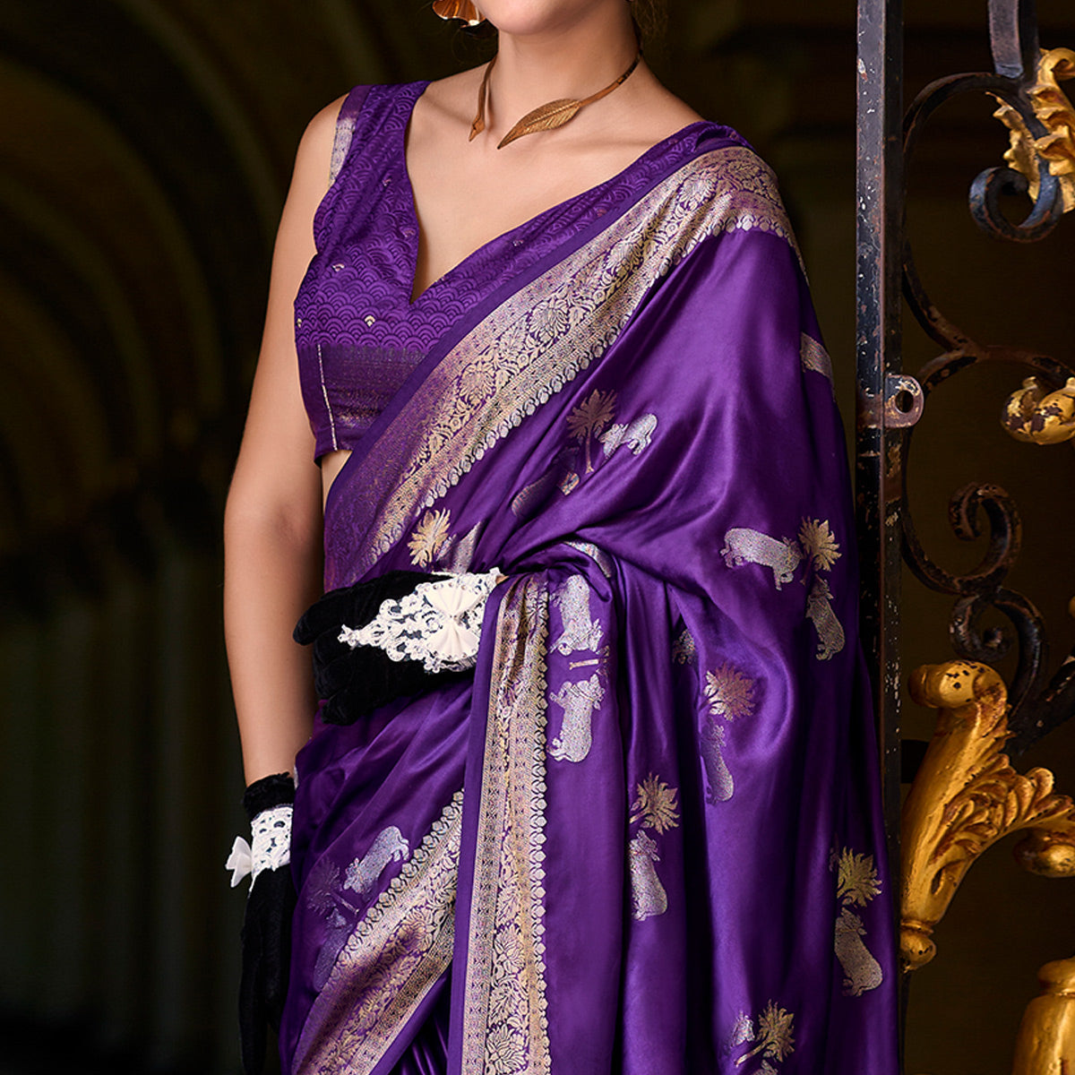 Violet Floral Woven Satin Silk Saree