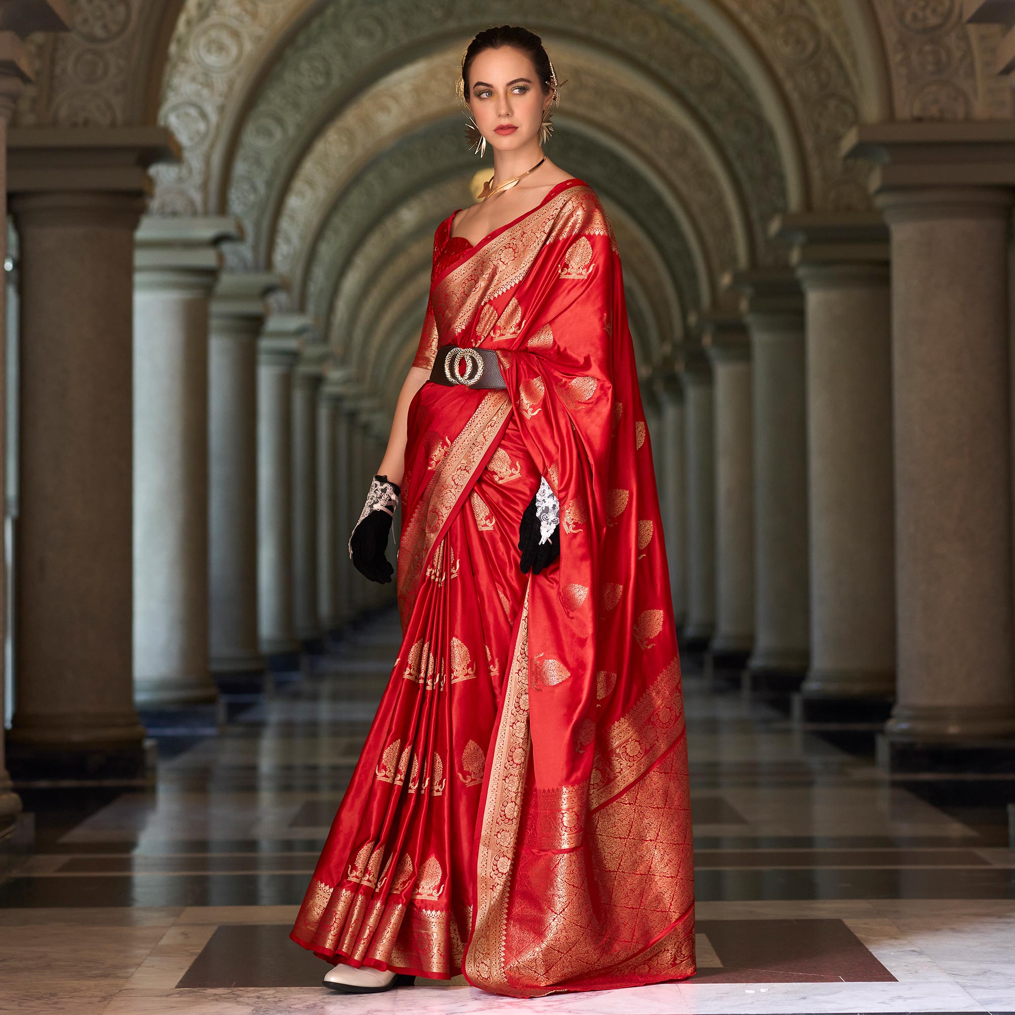 Red Floral Woven Satin Silk Saree