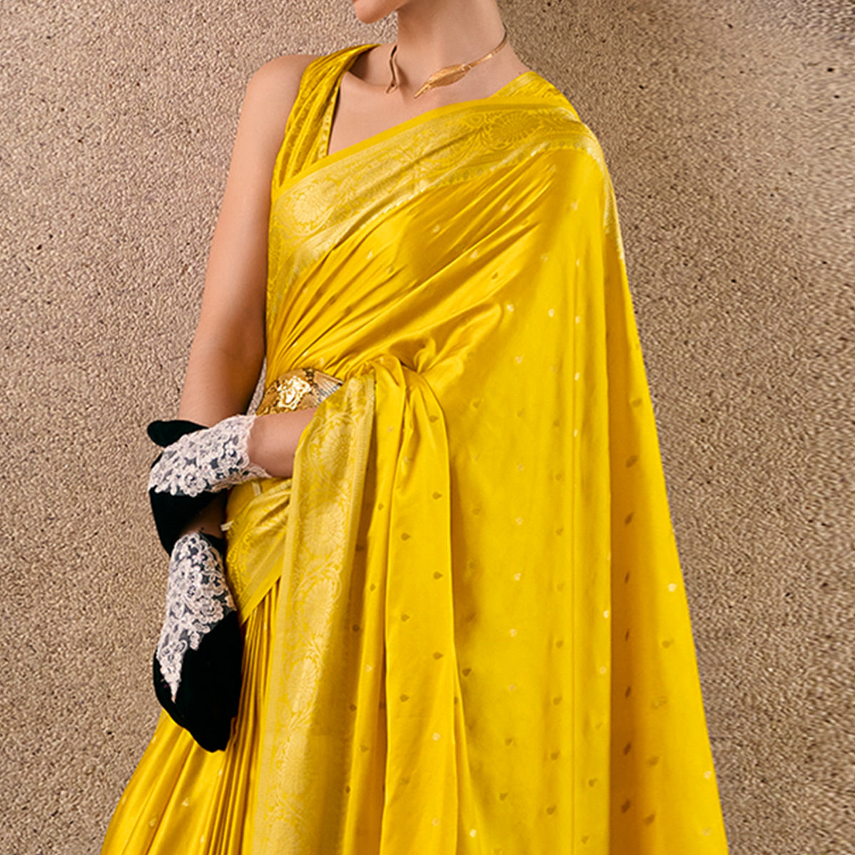 Yellow Floral Woven Satin Silk Saree