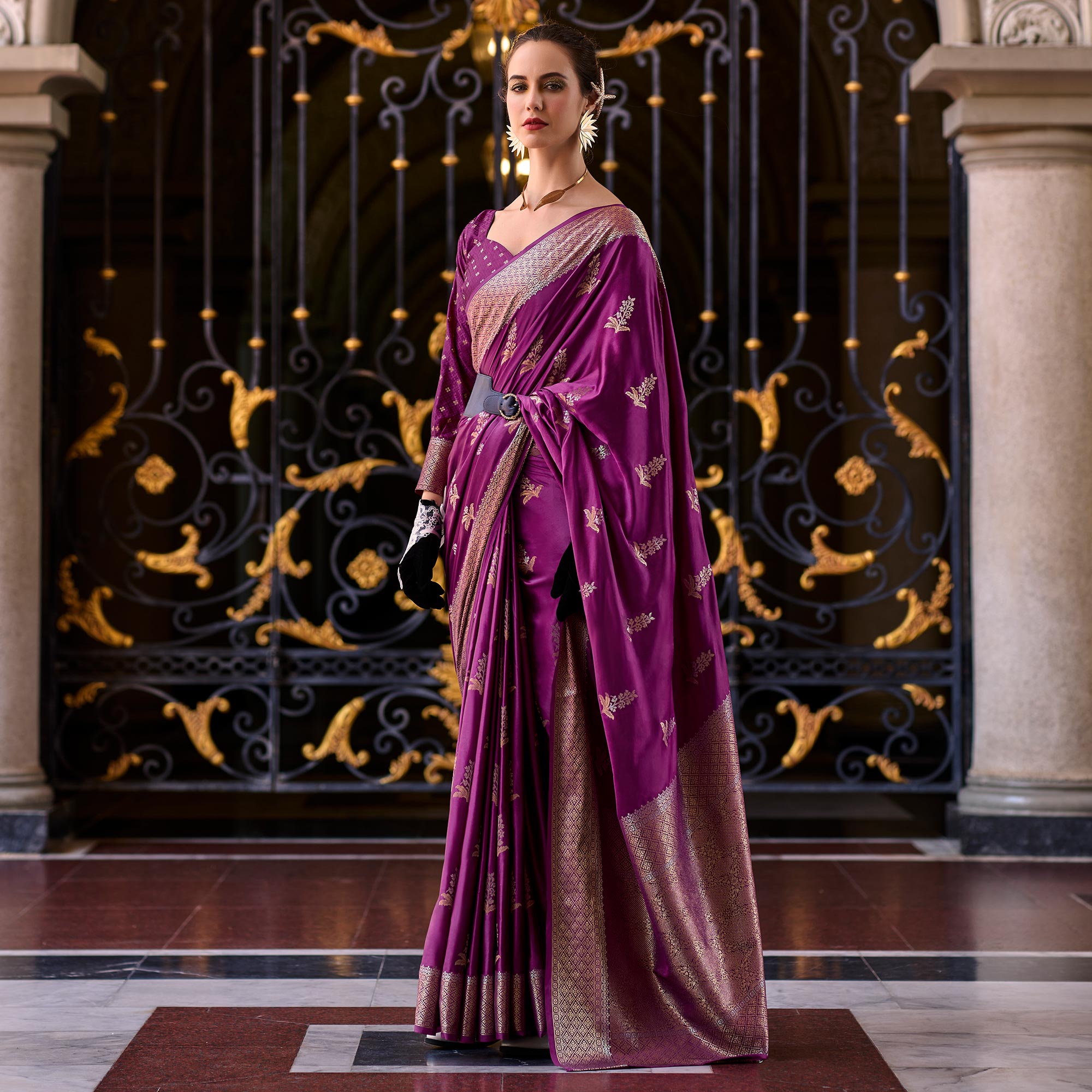 Purple Floral Woven Satin Silk Saree