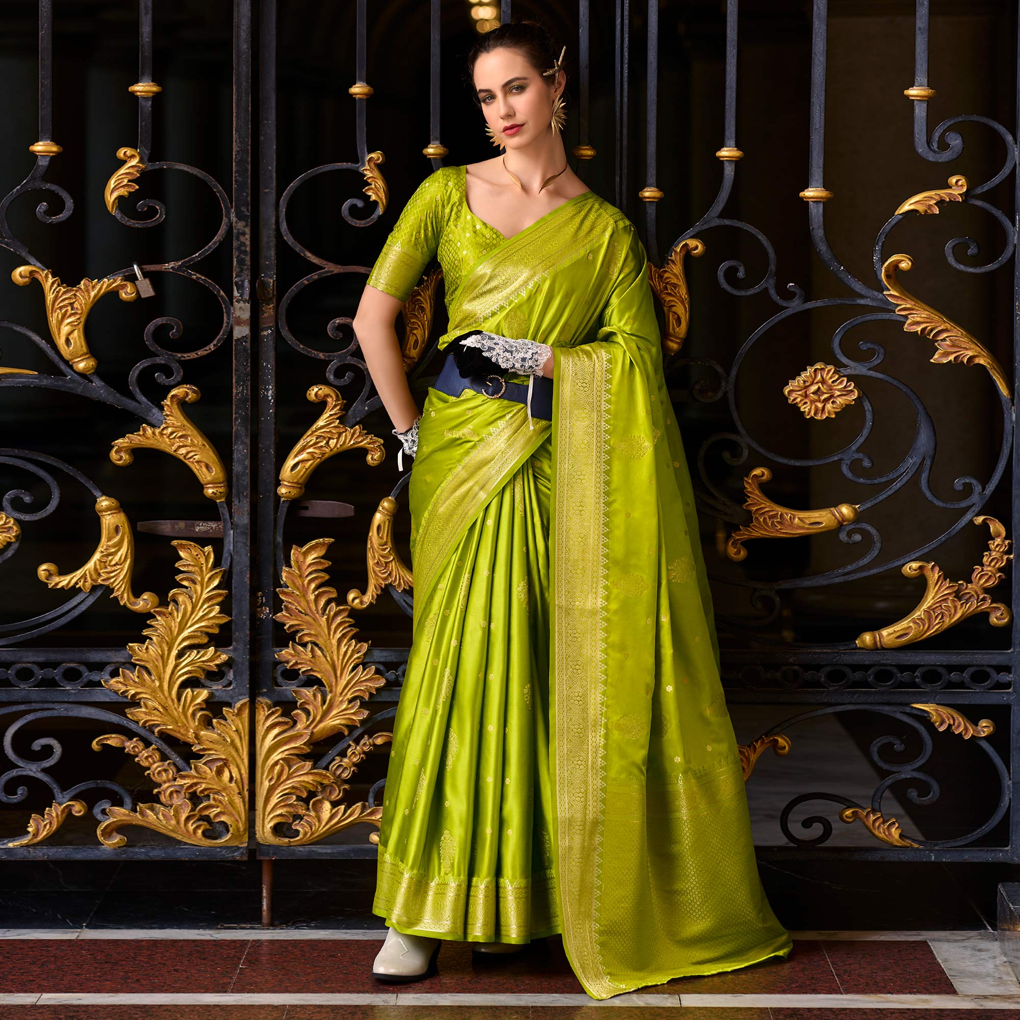 Green Floral Woven Satin Silk Saree