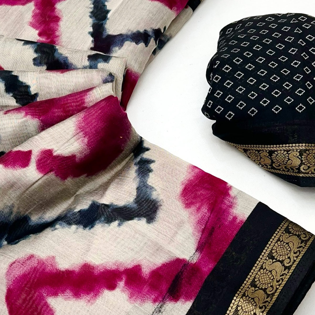 Off White & Black Dual Shade Saree with Artistic Leheriya Prints in Cotton Silk