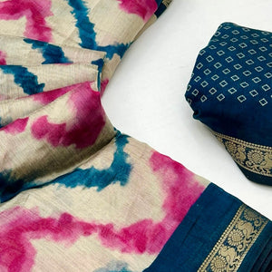 Off White & Blue Dual Shade Saree with Artistic Leheriya Prints in Cotton Silk