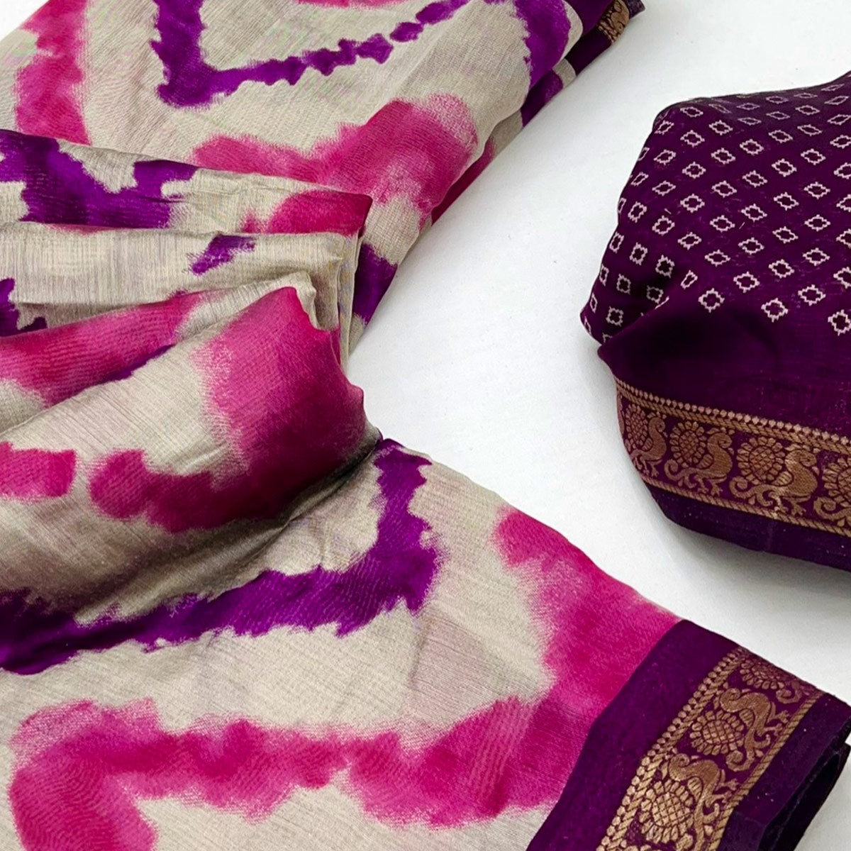 Off White & Purple Dual Shade Saree with Artistic Leheriya Prints in Cotton Silk