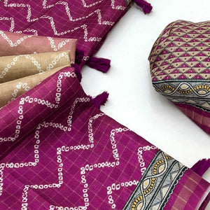 Beige & Purple Maheshwari Cotton Silk Saree with Zig-Zag Pattern