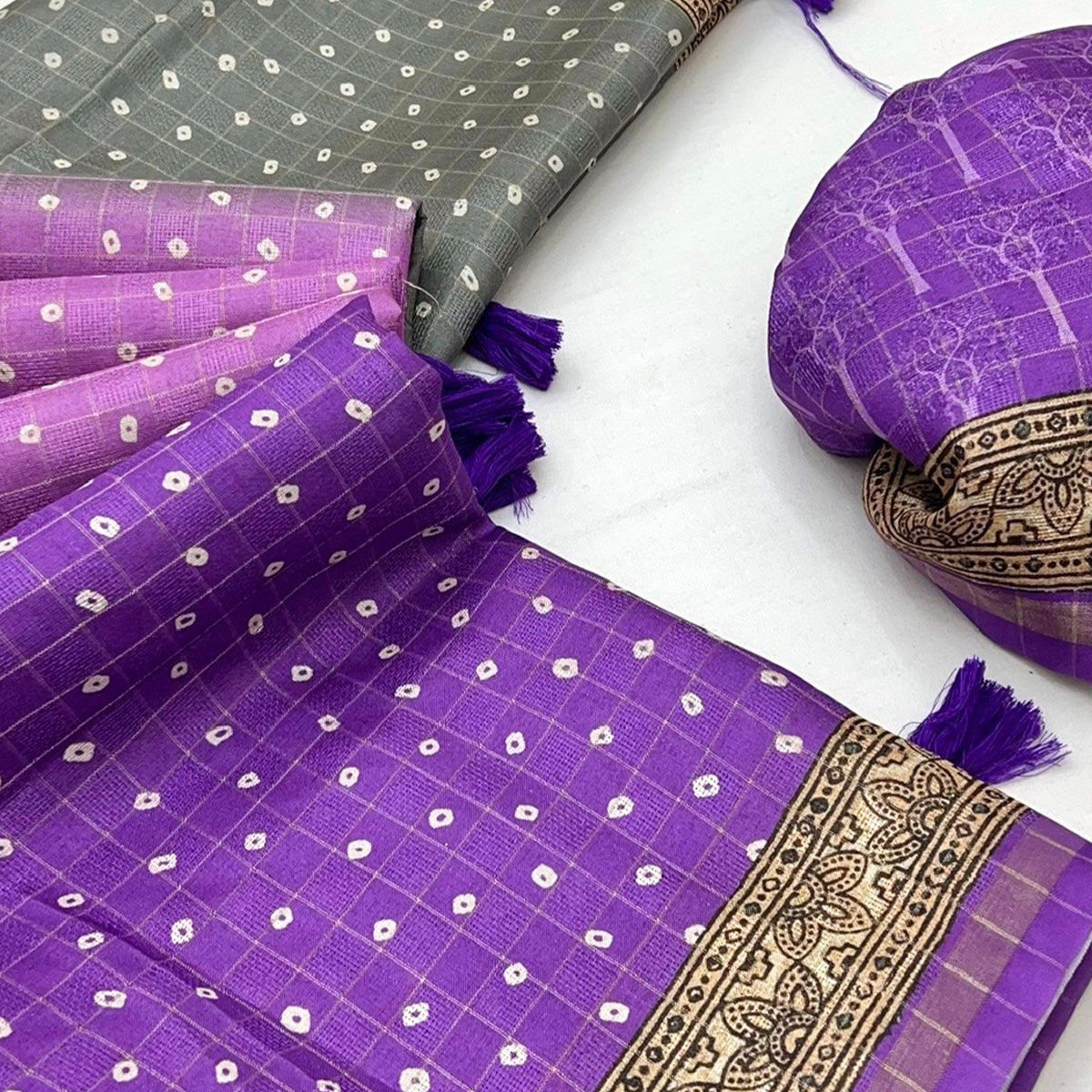 Violet Bandhani Print Saree in Elegant Maheshwari Cotton Silk