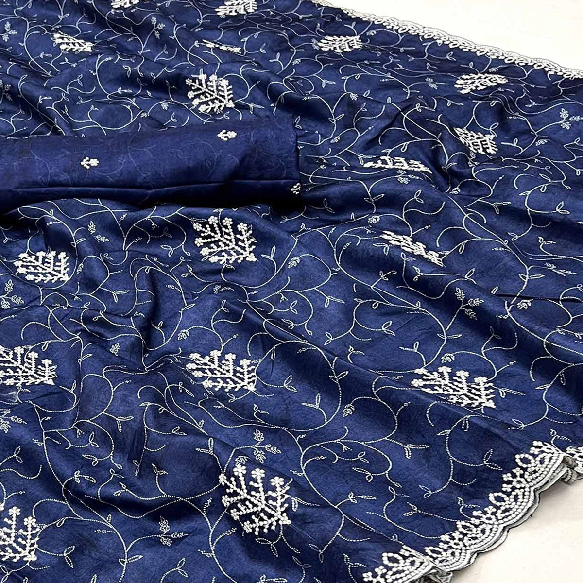 Blue Floral Embroidered Dola Silk Saree