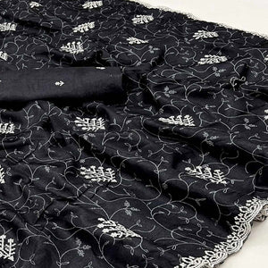 Black Floral Embroidered Dola Silk Saree