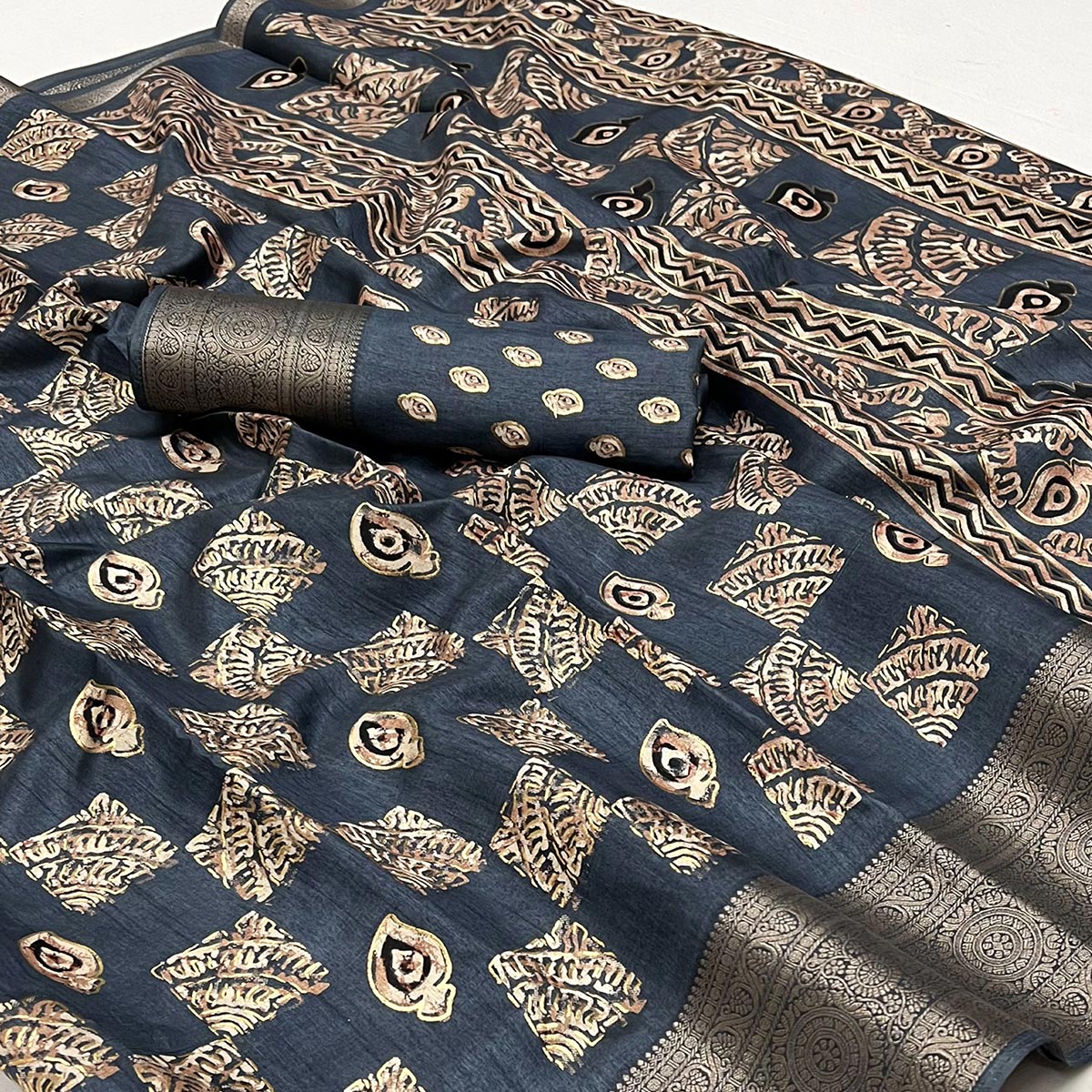 Grey Foil Printed Dola Silk Saree With Jacquard Border