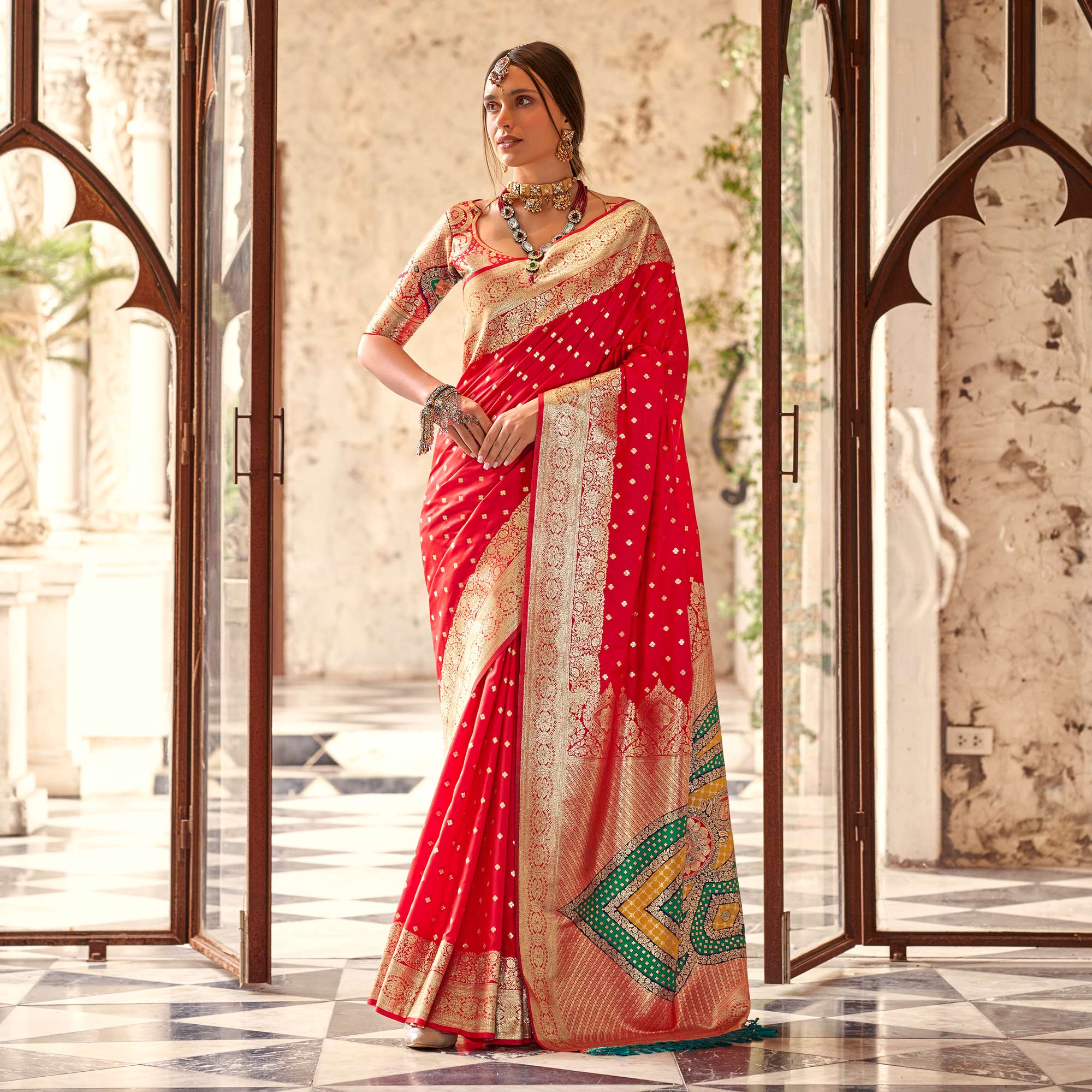 Red Floral Woven Banarasi Silk Saree With Tassels