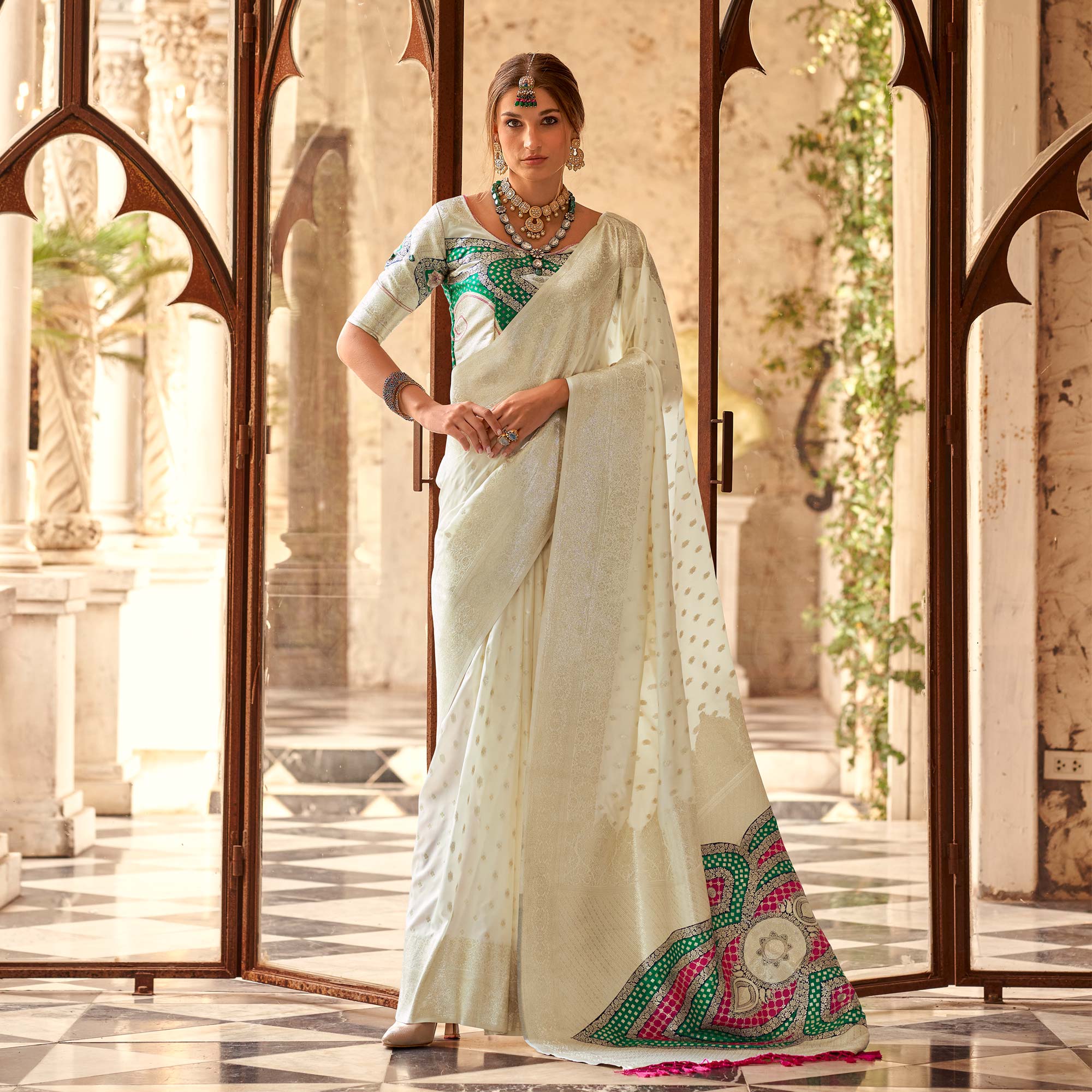 White Floral Woven Banarasi Silk Saree With Tassels