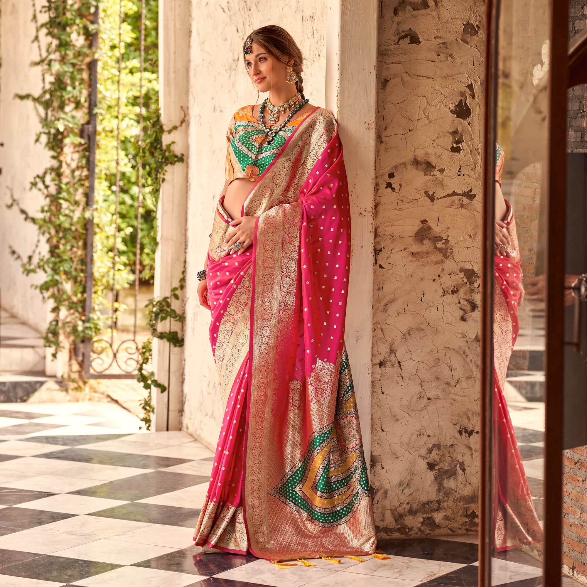 Rani Pink Floral Woven Banarasi Silk Saree With Tassels