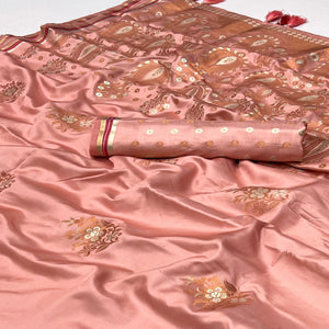 Peach Woven Satin Saree With Tassels