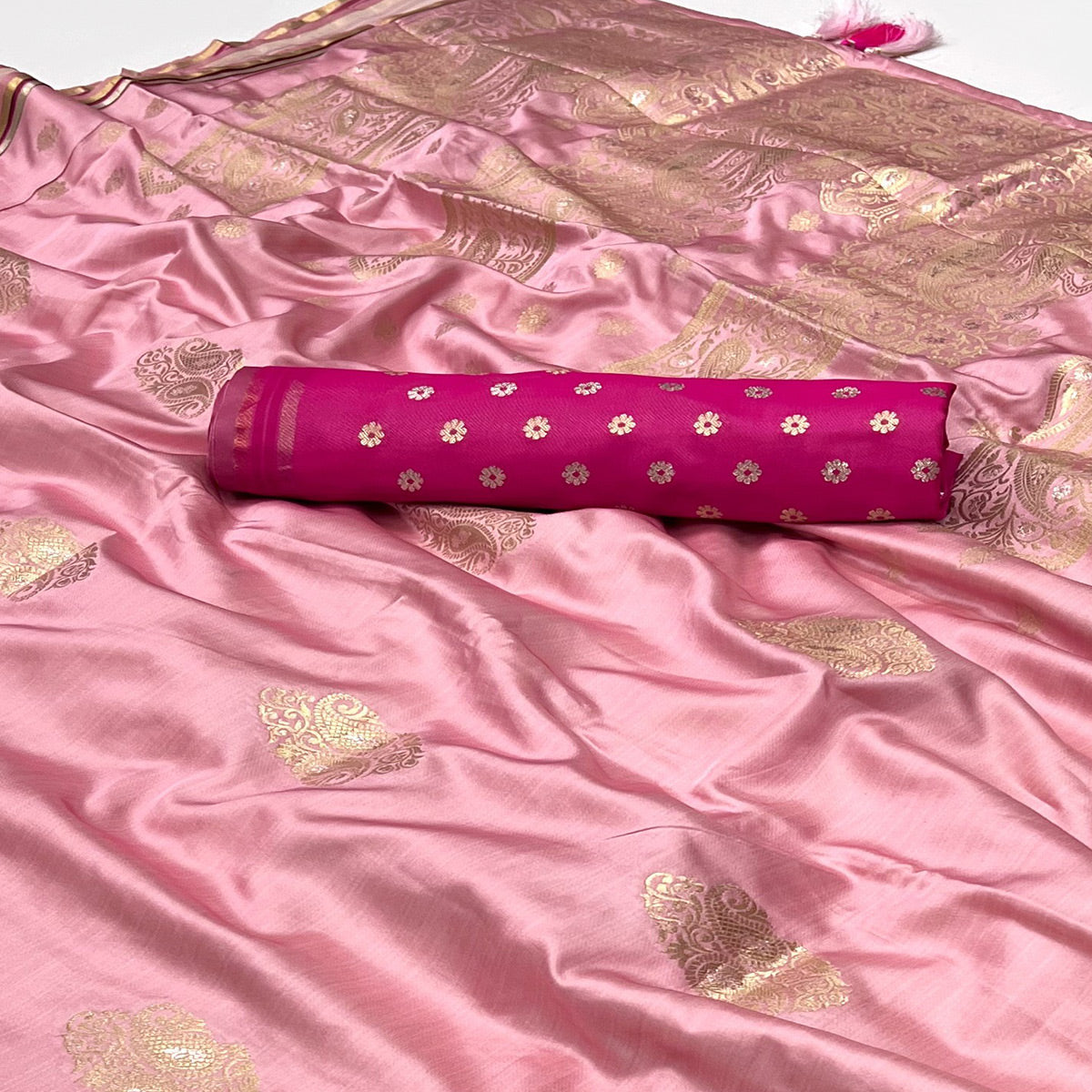 Pink Woven Satin Saree With Tassels