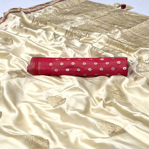 Cream Woven Satin Saree With Tassels