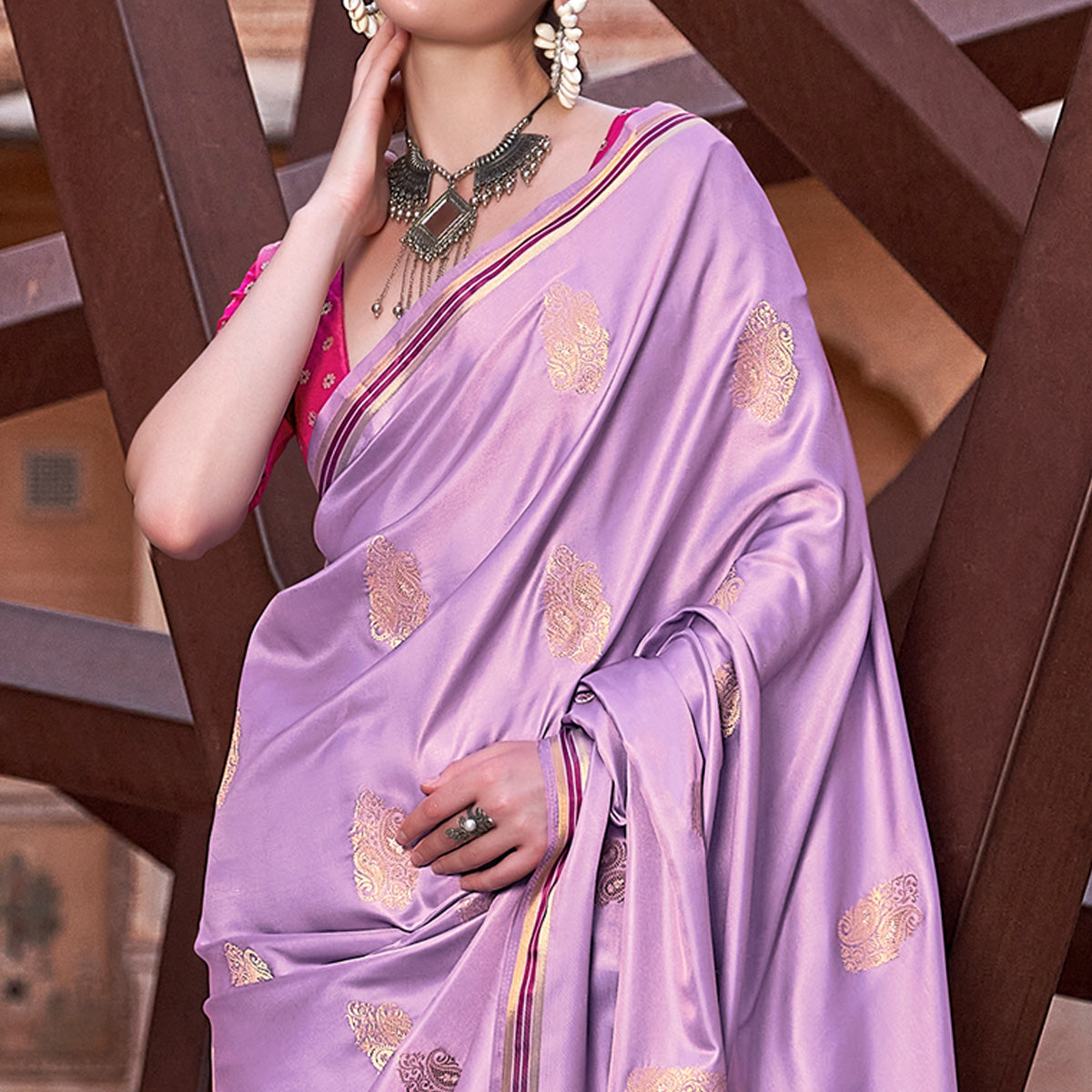 Light Purple Woven Satin Saree With Tassels