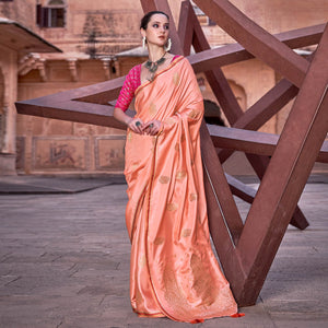 Peach Woven Satin Saree With Tassels