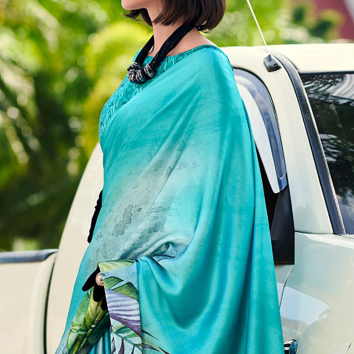 Turquoise Digital Printed Pure Satin Saree