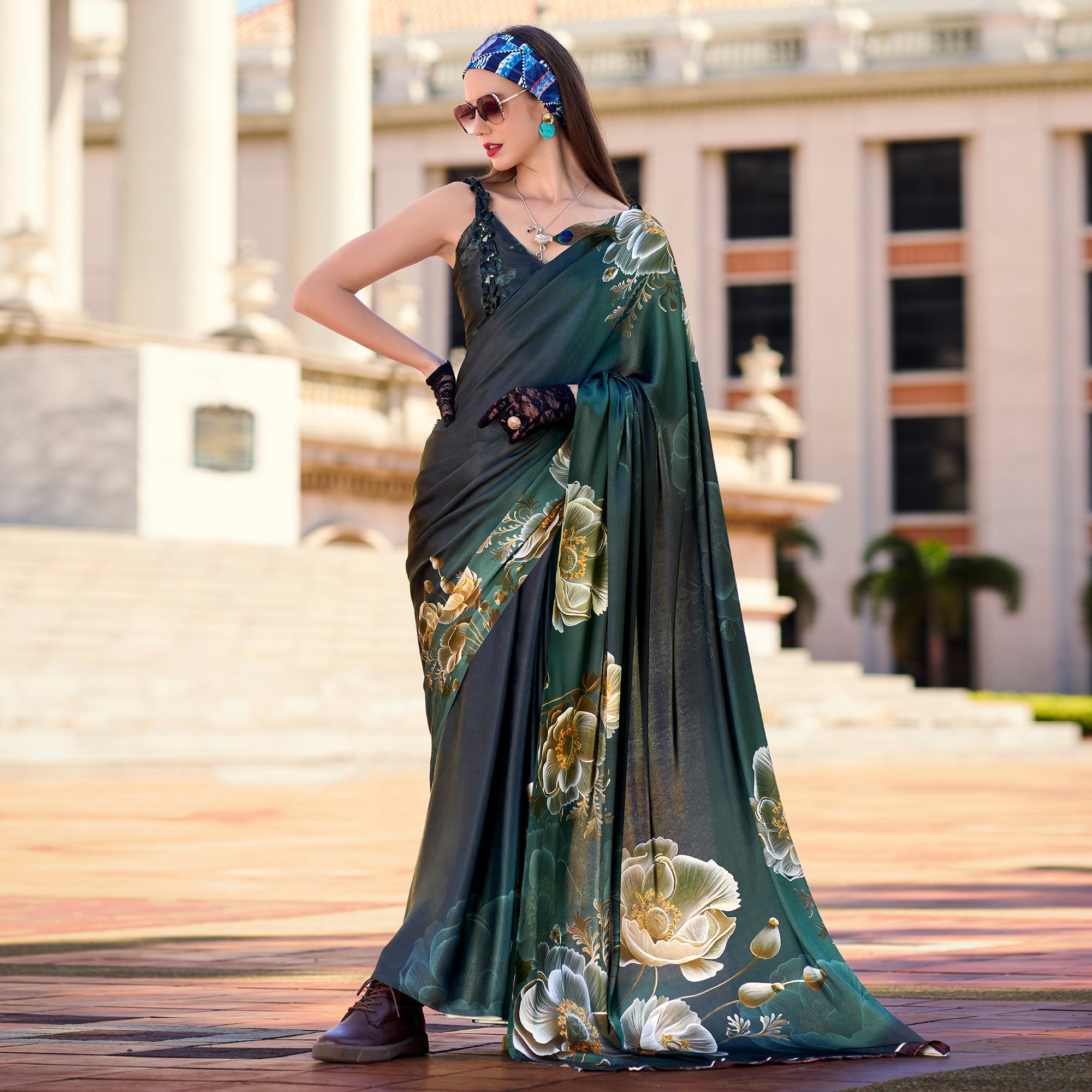 Green Digital Printed Pure Satin Saree