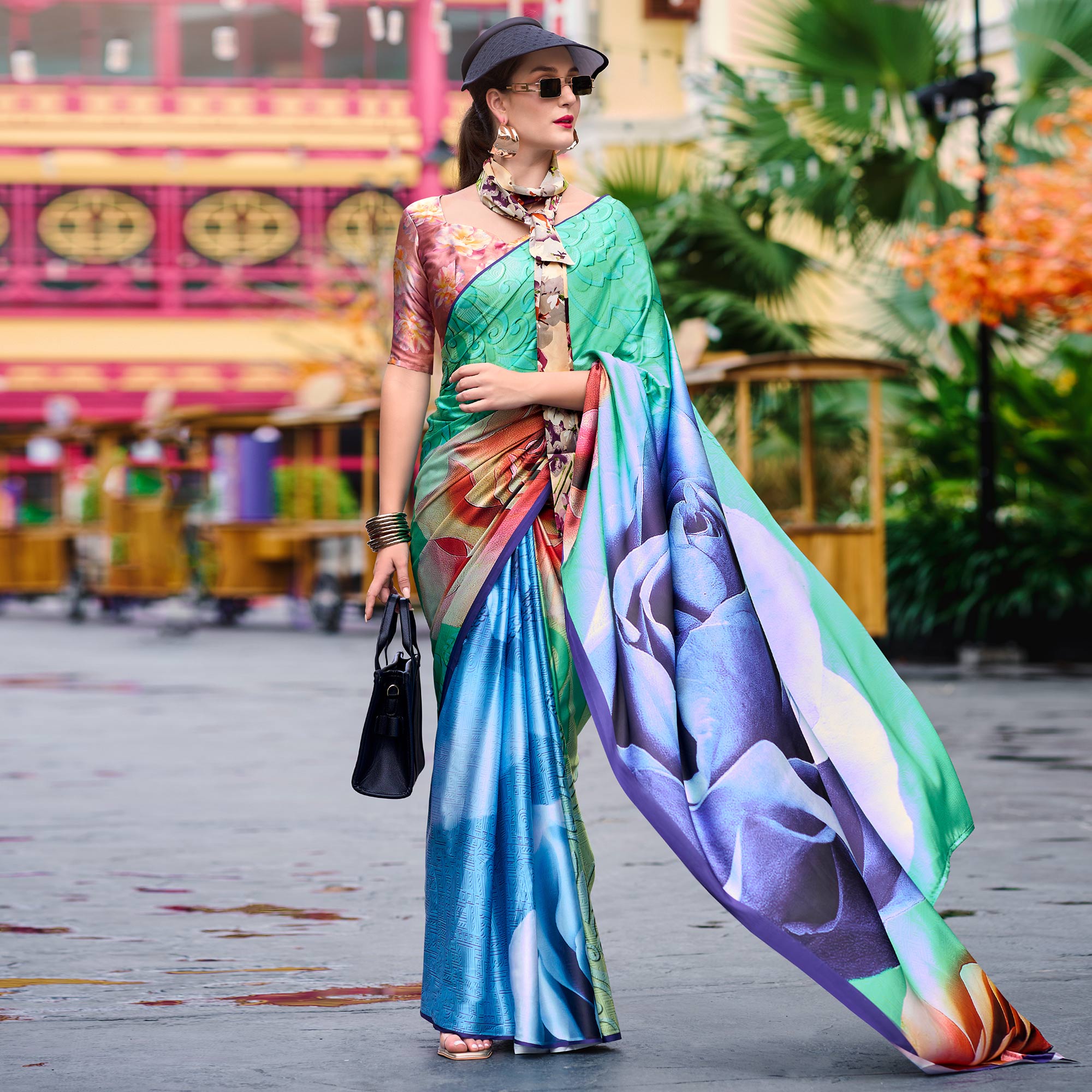 Turquoise & Blue Digital Printed Pure Satin Saree