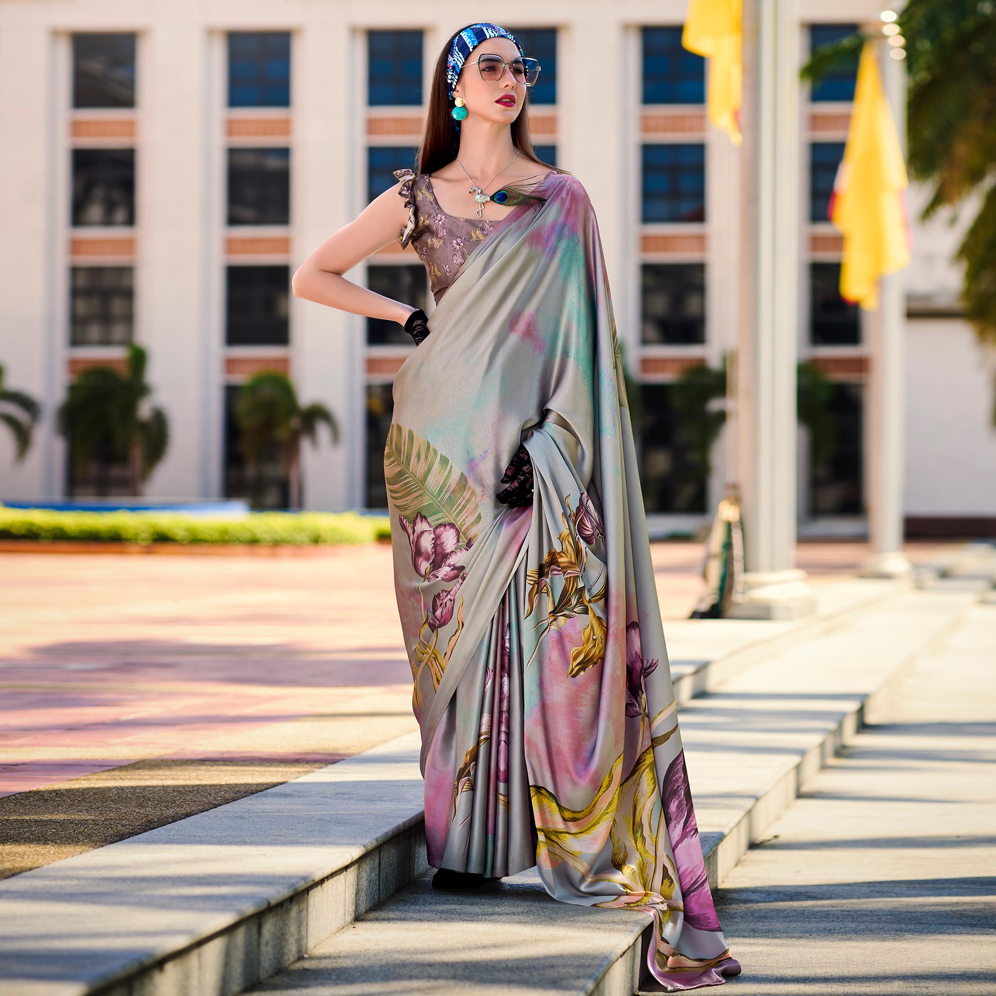 Grey Floral Digital Printed Pure Satin Saree