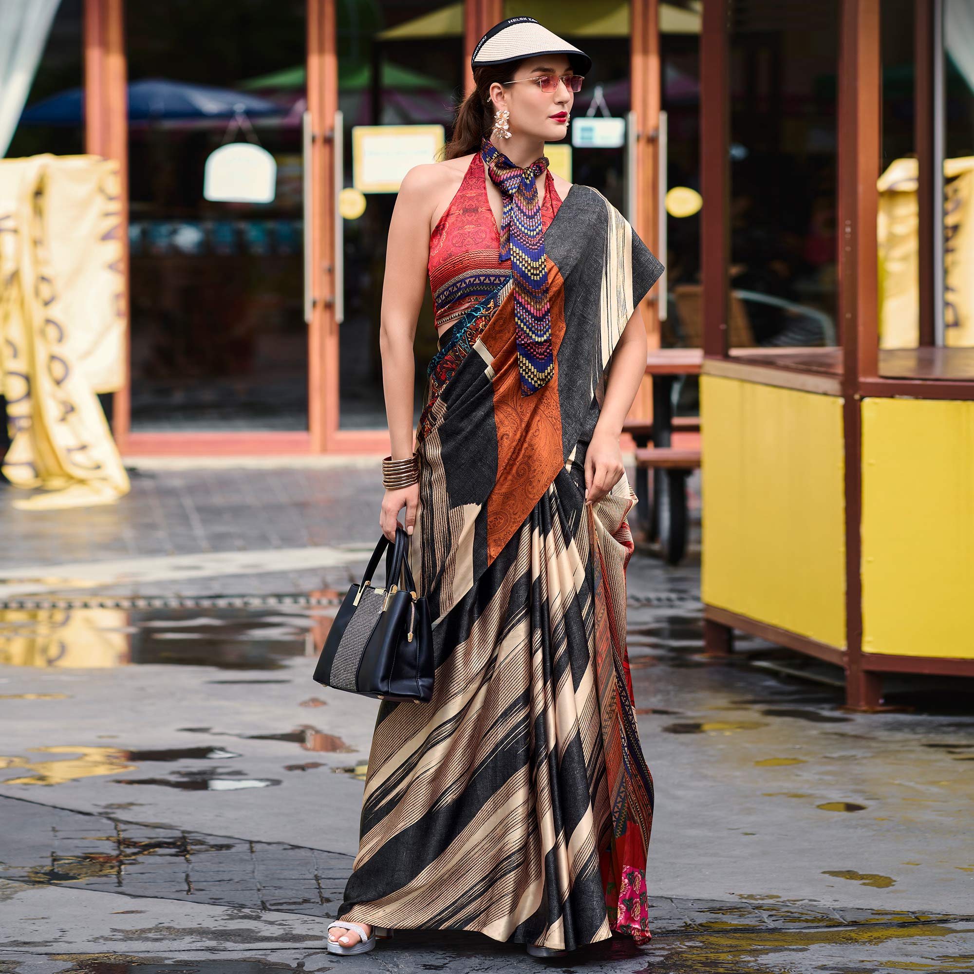 Multicolor Striped Digital Printed Pure Satin Saree