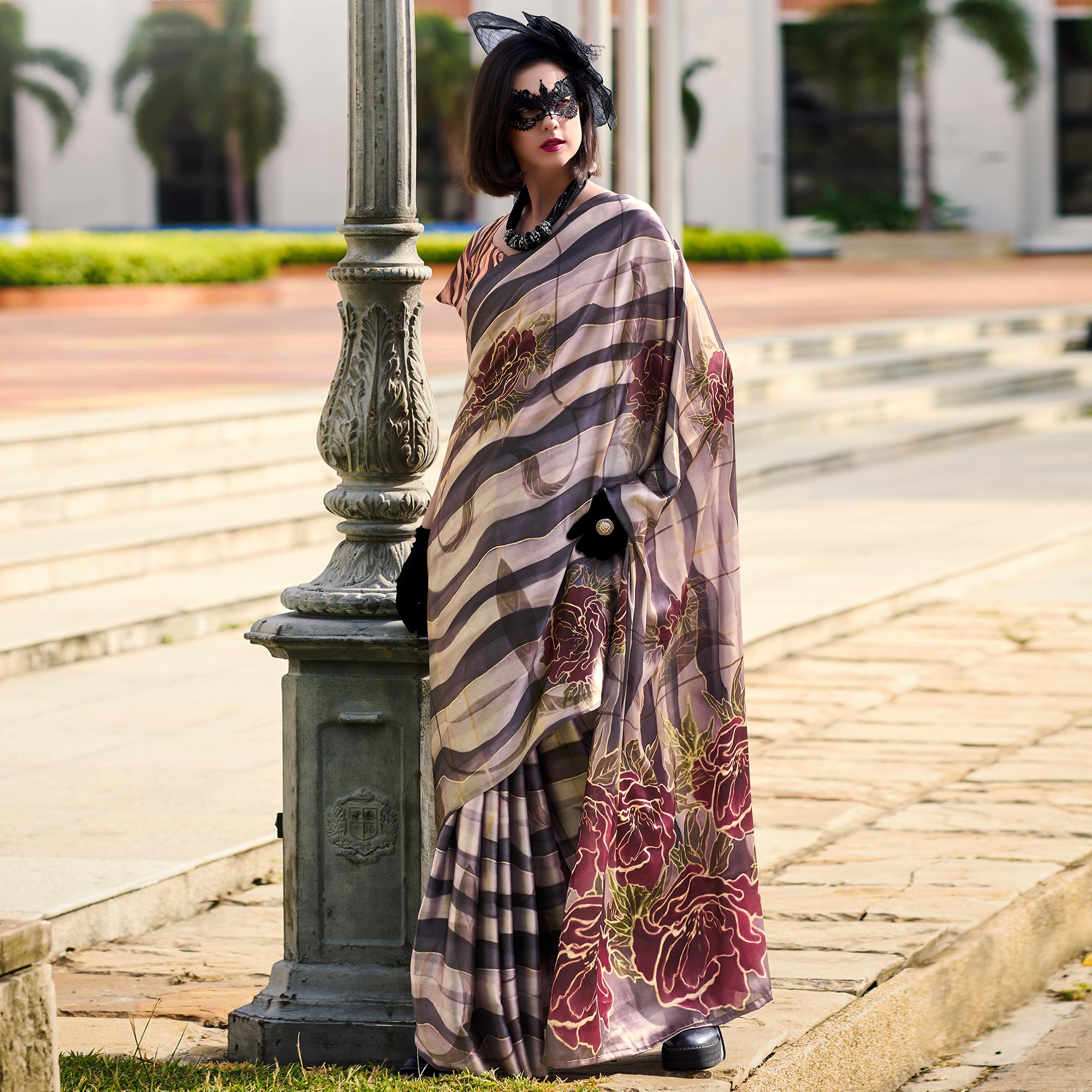 Coffee Brown Floral Digital Printed Pure Satin Saree