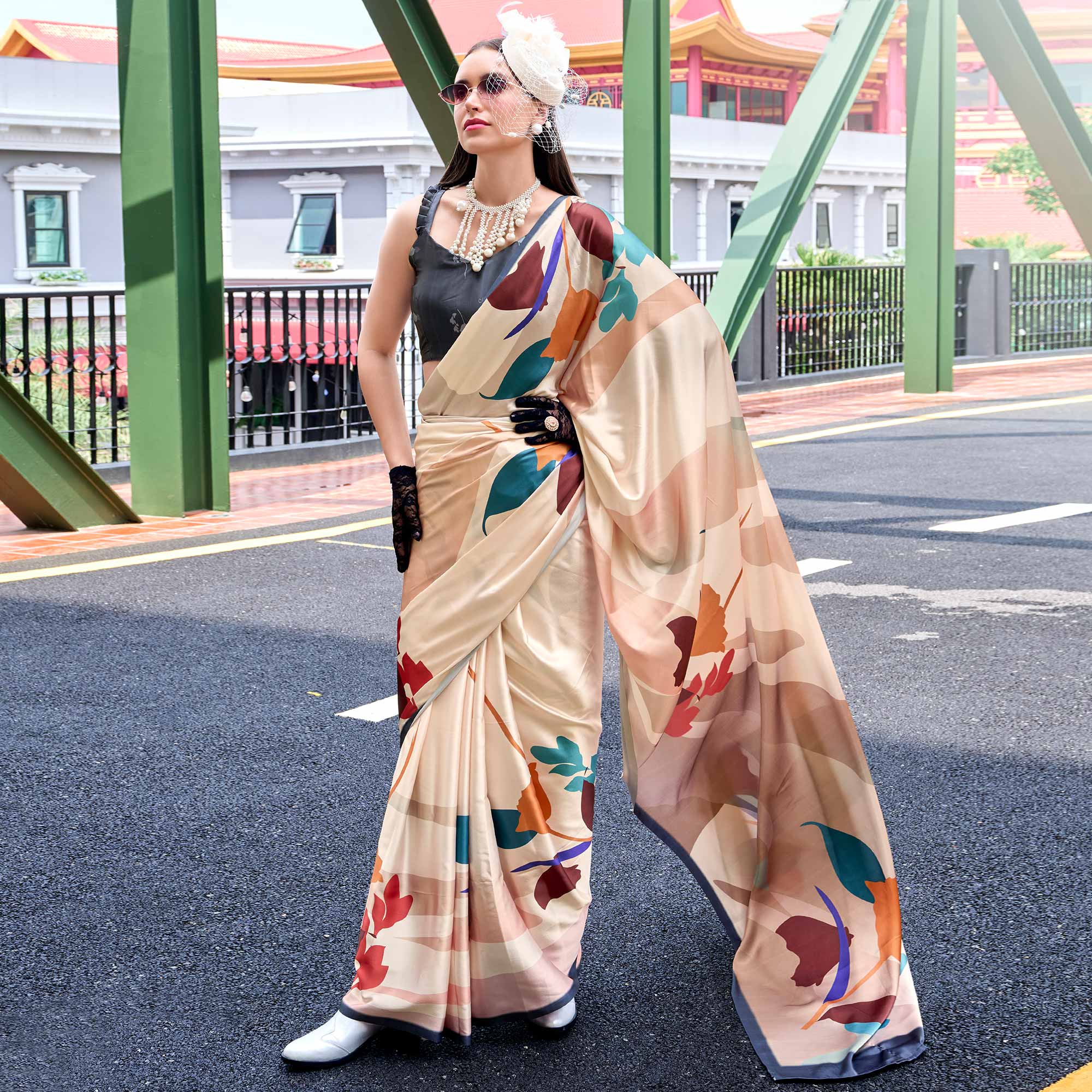 Cream Floral Digital Printed Pure Satin Saree
