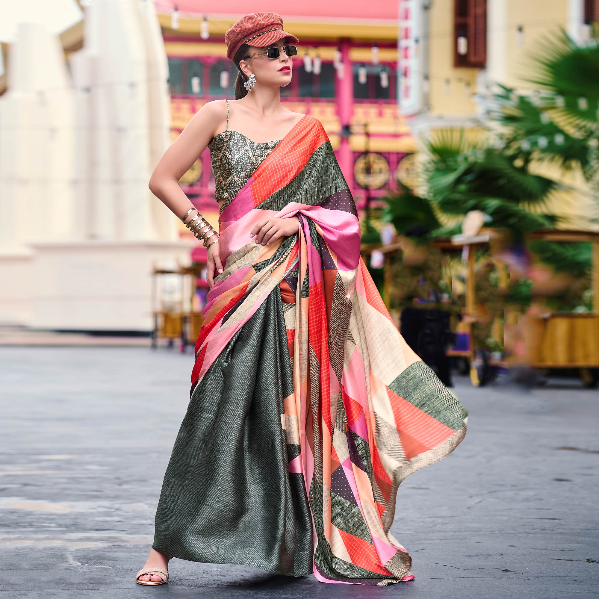 Grey Geometric Digital Printed Pure Satin Saree