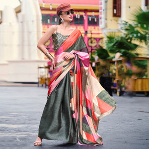 Grey Geometric Digital Printed Pure Satin Saree