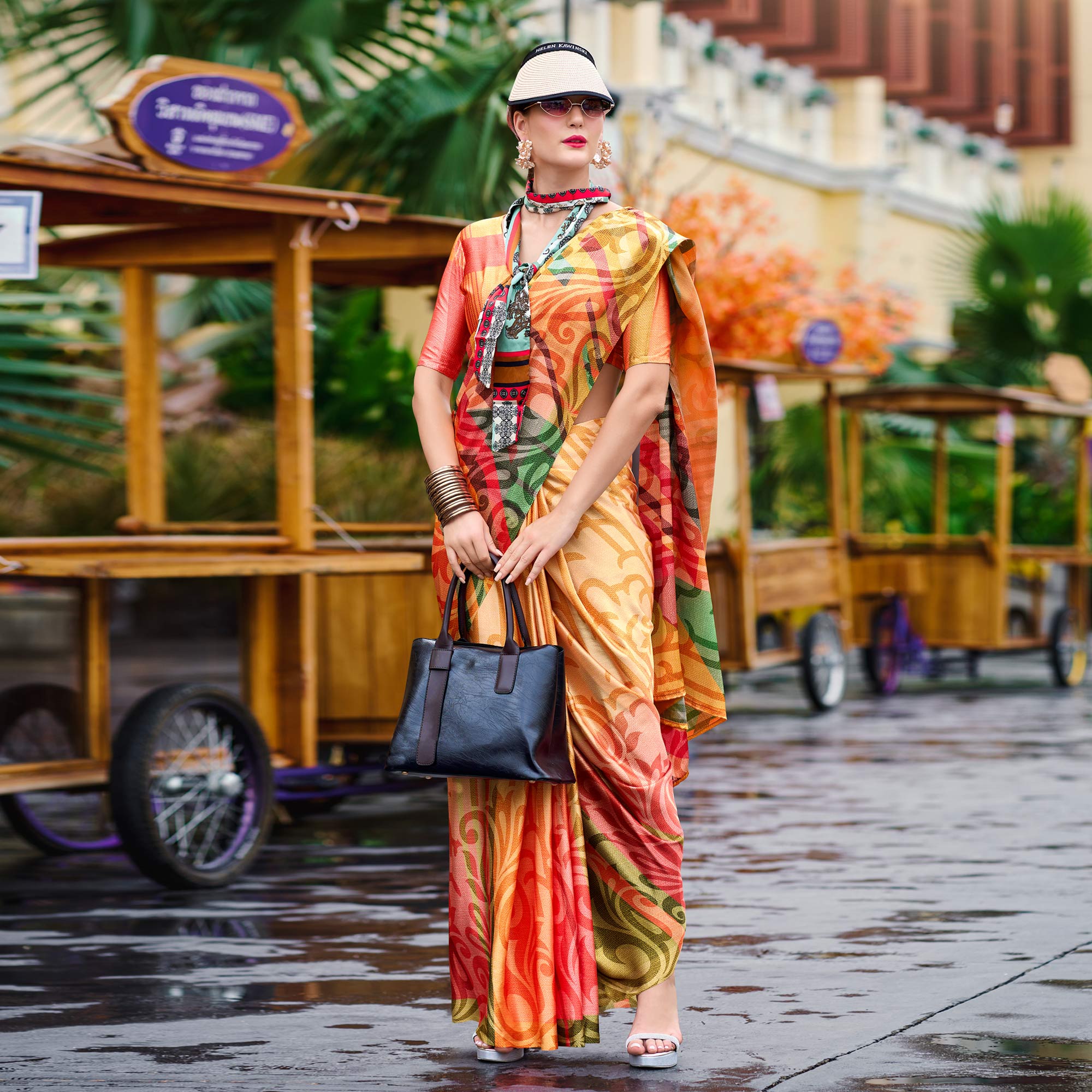 Multicolor Digital Printed Pure Satin Saree